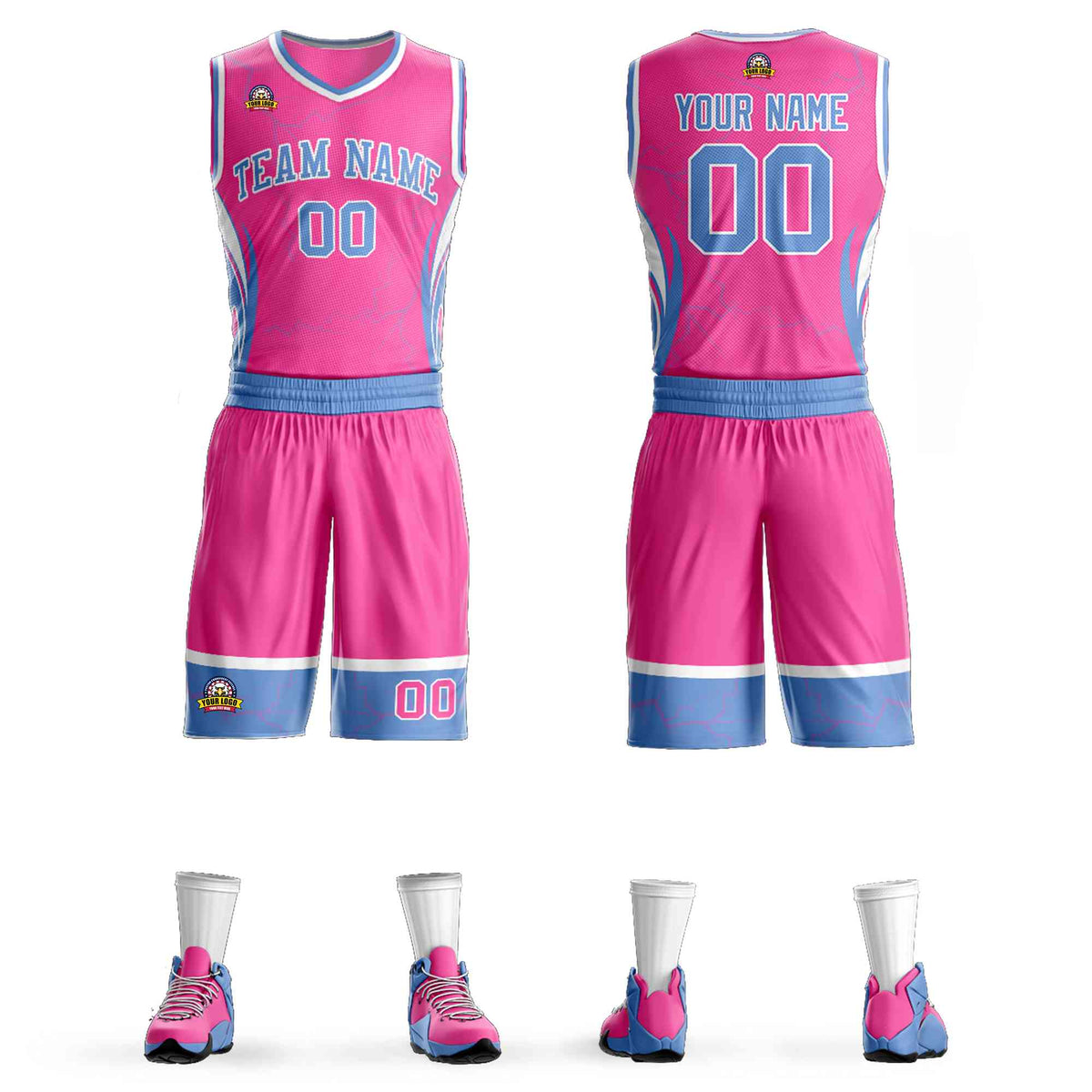 Custom Pink Powder Blue-White Graffiti Pattern Kits Lightning Basketball Jersey