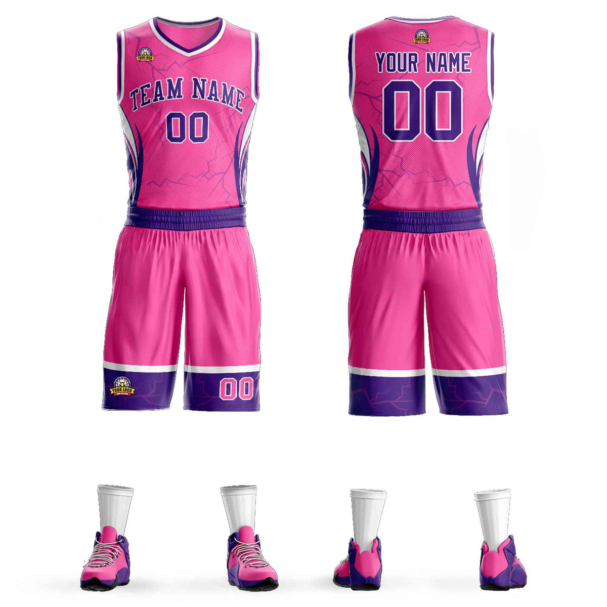 Custom Pink Purple-White Graffiti Pattern Kits Lightning Basketball Jersey