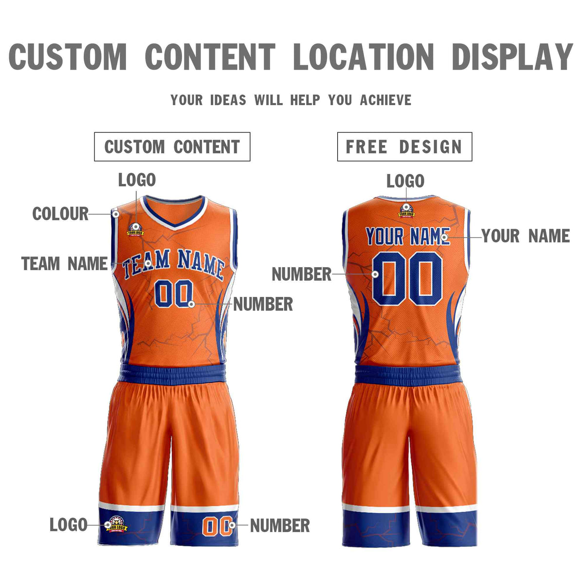 Custom Orange Royal-White Graffiti Pattern Kits Lightning Basketball Jersey