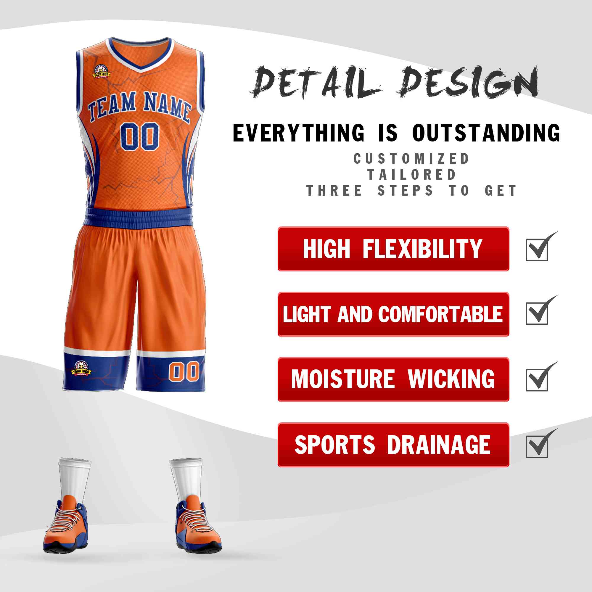 Custom Orange Royal-White Graffiti Pattern Kits Lightning Basketball Jersey