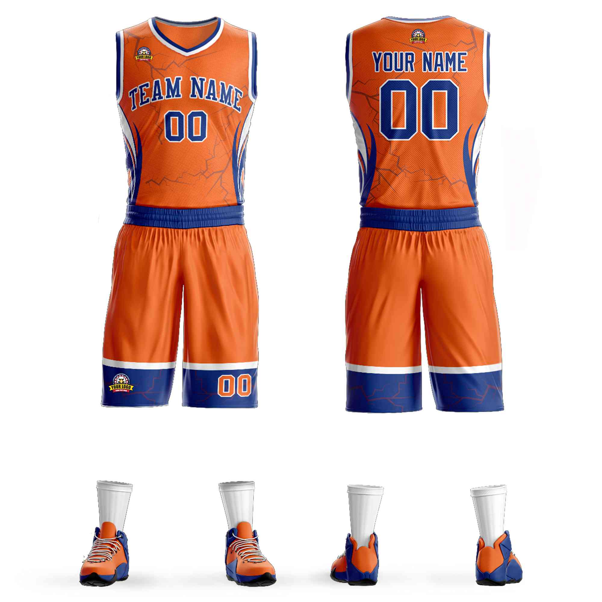 Custom Orange Royal-White Graffiti Pattern Kits Lightning Basketball Jersey