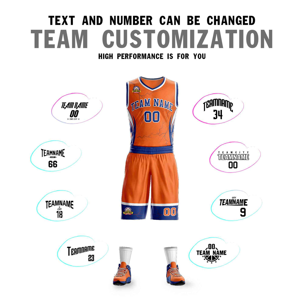 Custom Orange Royal-White Graffiti Pattern Kits Lightning Basketball Jersey