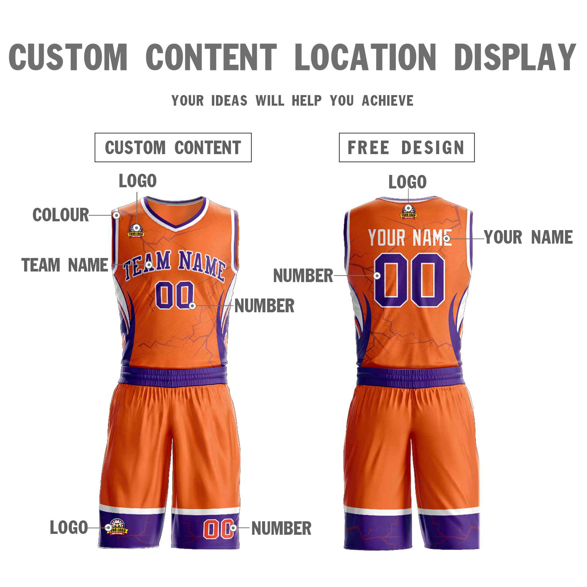 Custom Orange Purple-White Graffiti Pattern Kits Lightning Basketball Jersey