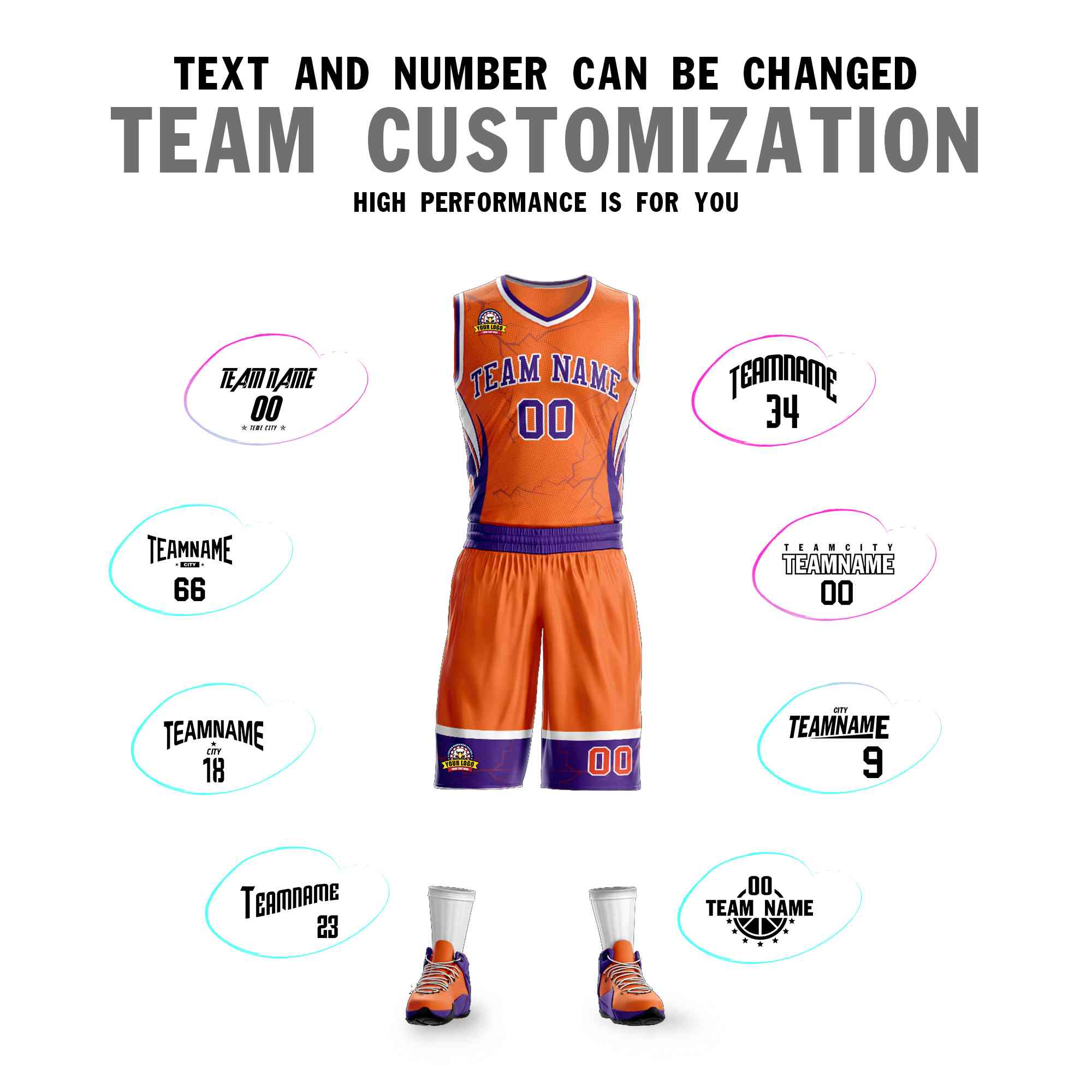 Custom Orange Purple-White Graffiti Pattern Kits Lightning Basketball Jersey