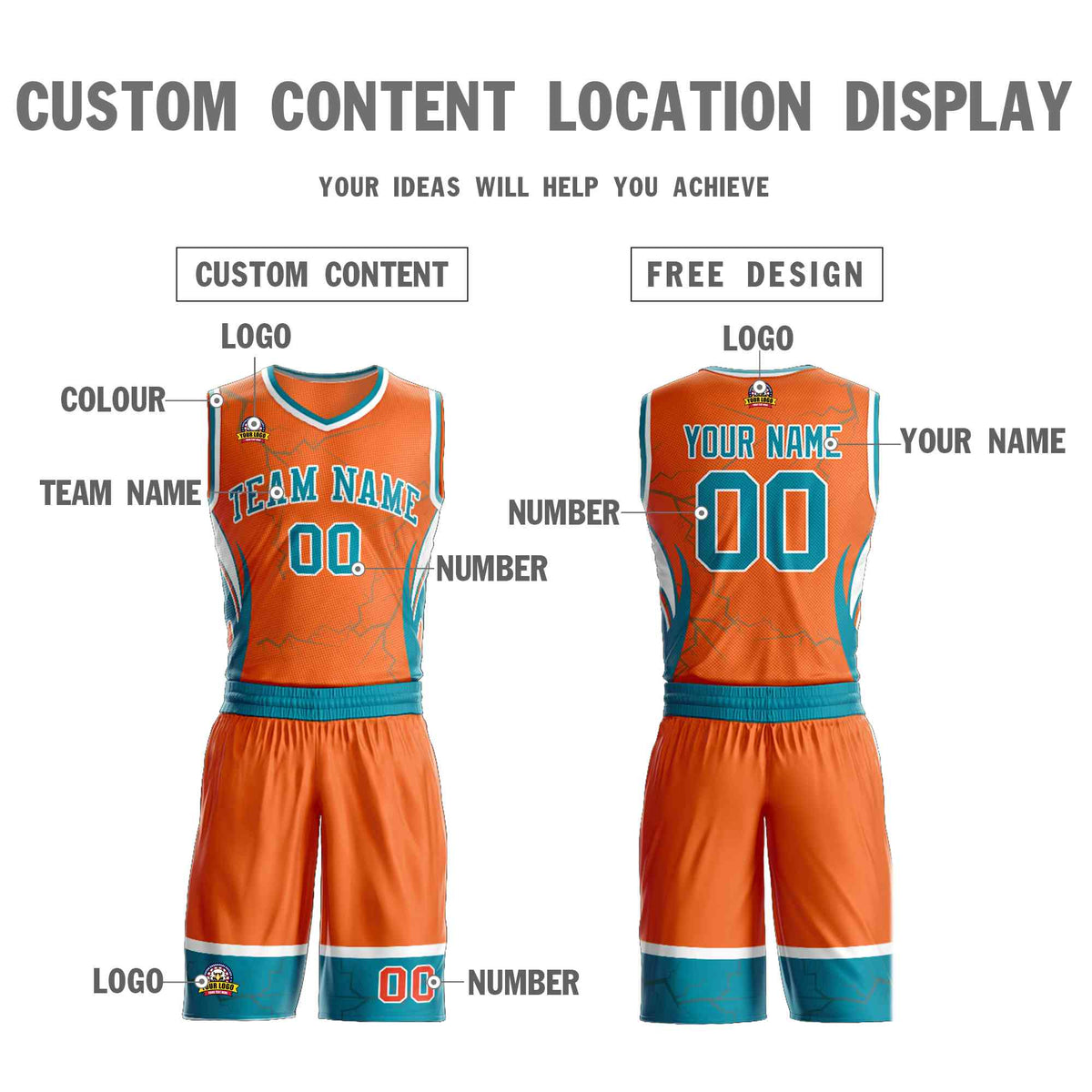 Custom Orange Teal-White Graffiti Pattern Kits Lightning Basketball Jersey