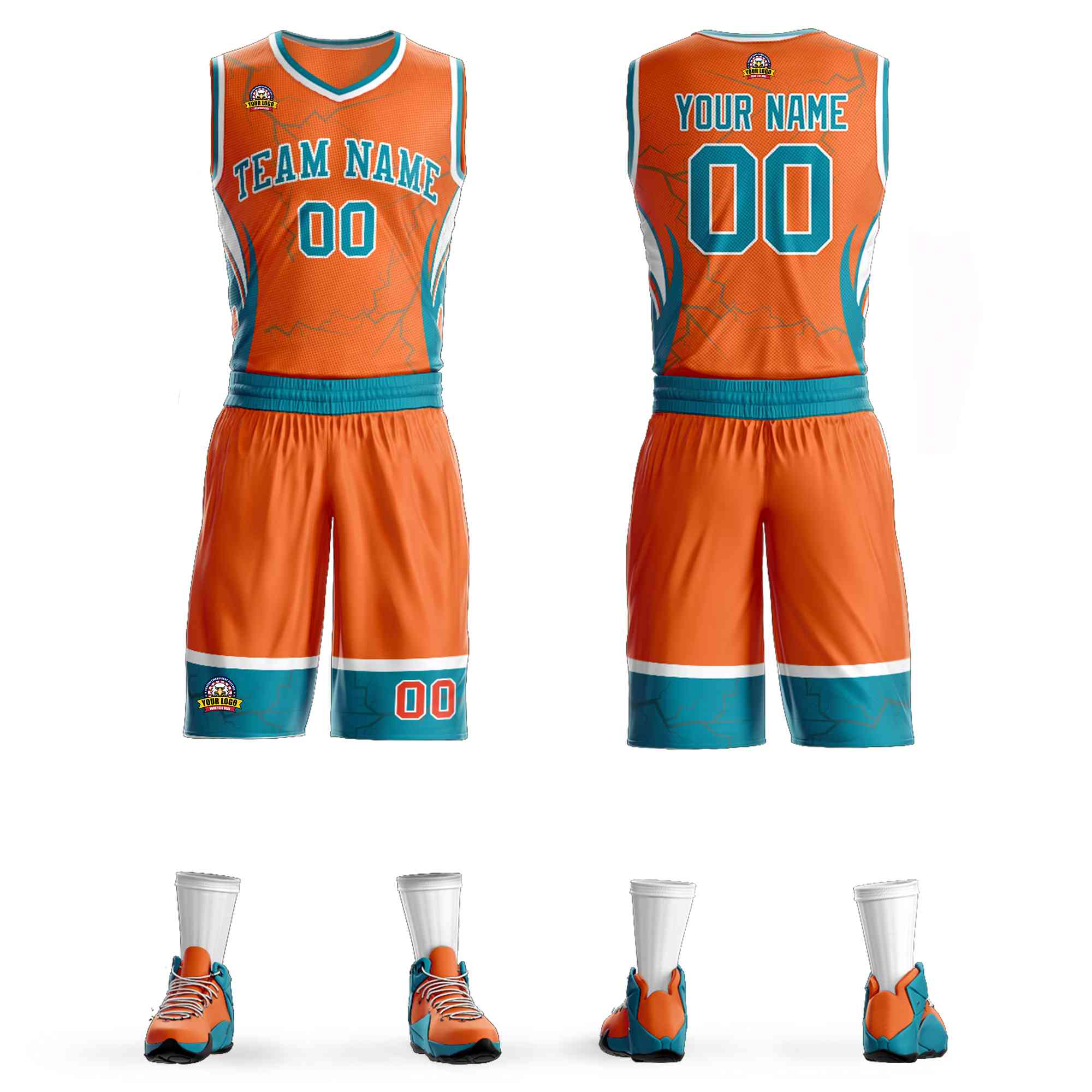 Custom Orange Teal-White Graffiti Pattern Kits Lightning Basketball Jersey
