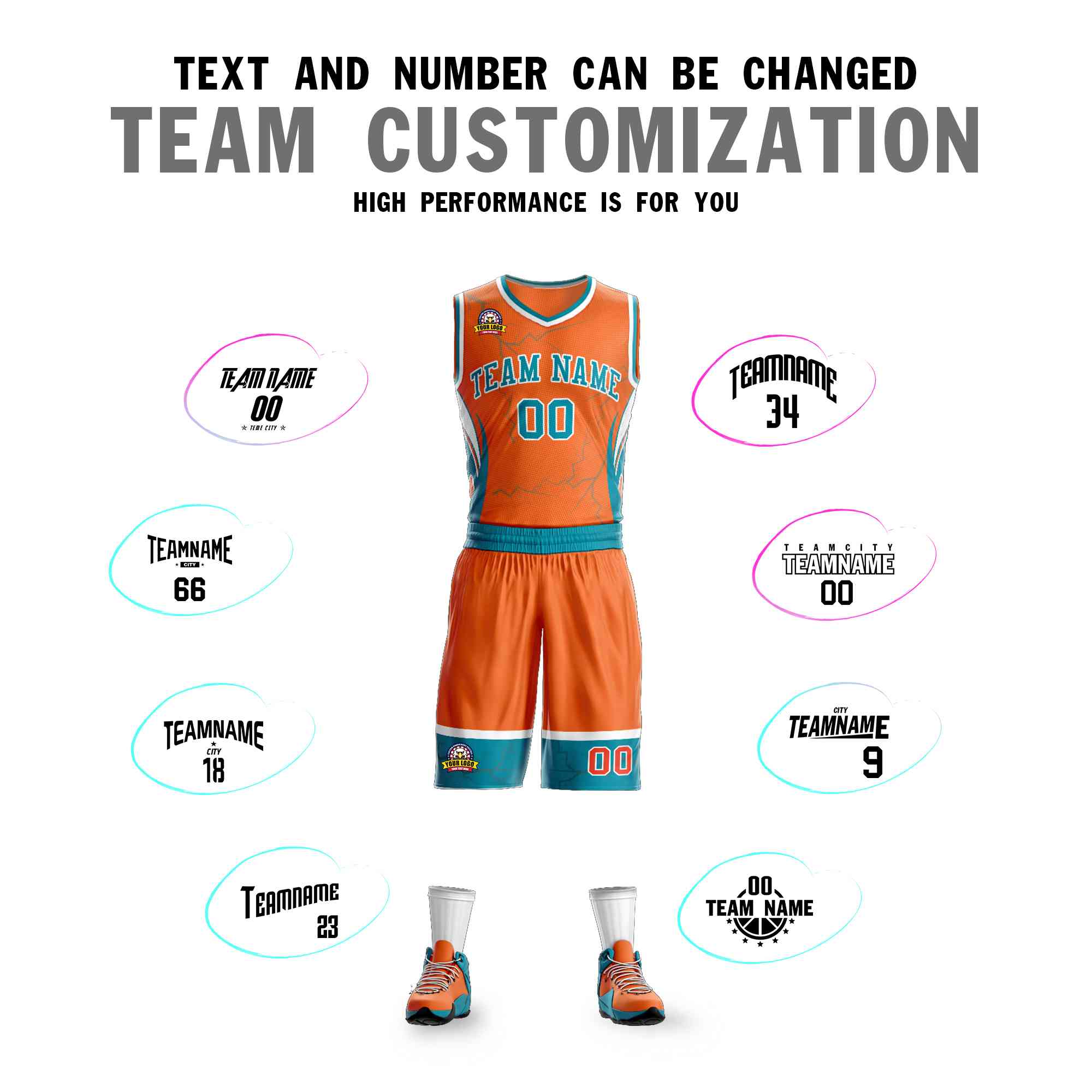 Custom Orange Teal-White Graffiti Pattern Kits Lightning Basketball Jersey