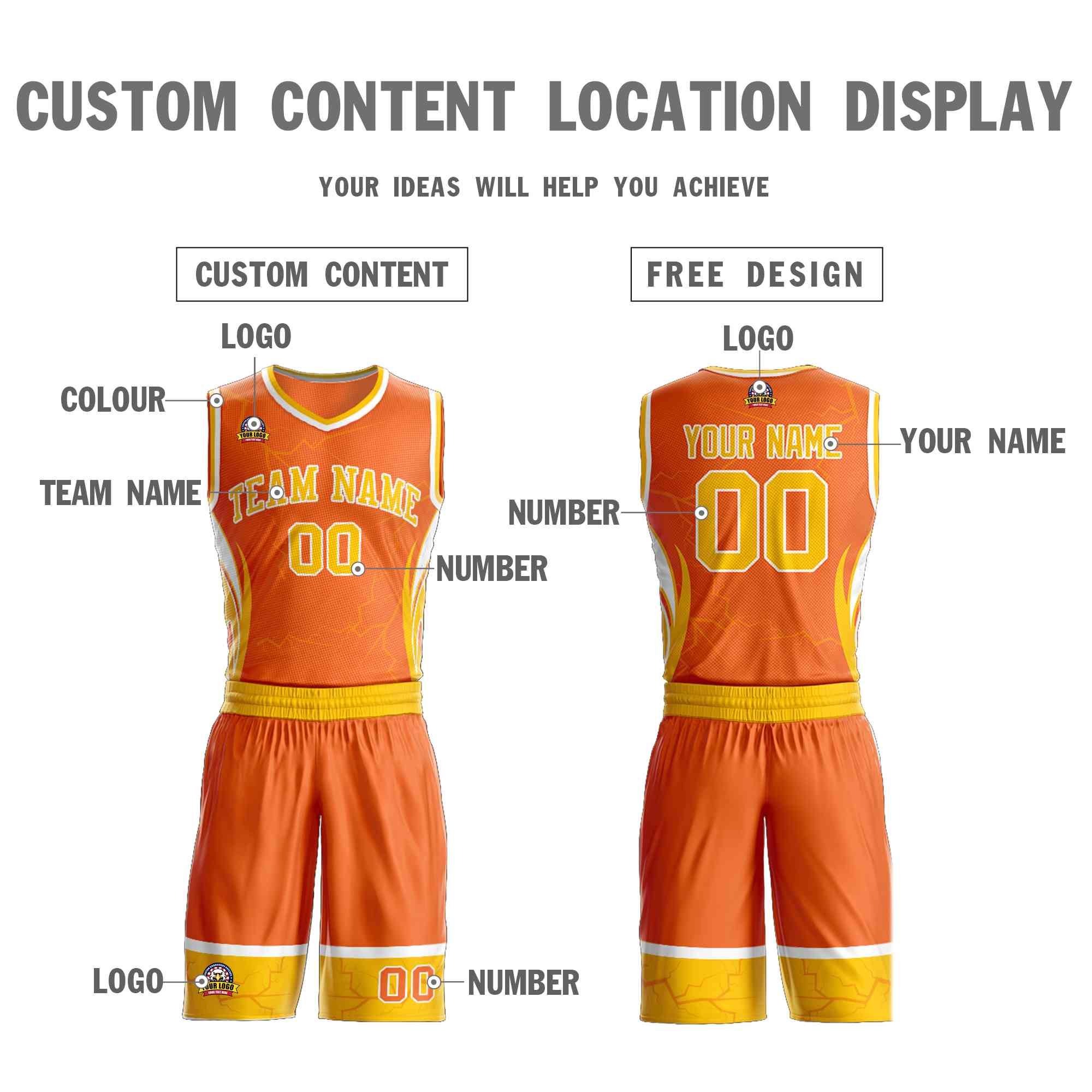 Custom Orange Gold-White Graffiti Pattern Kits Lightning Basketball Jersey