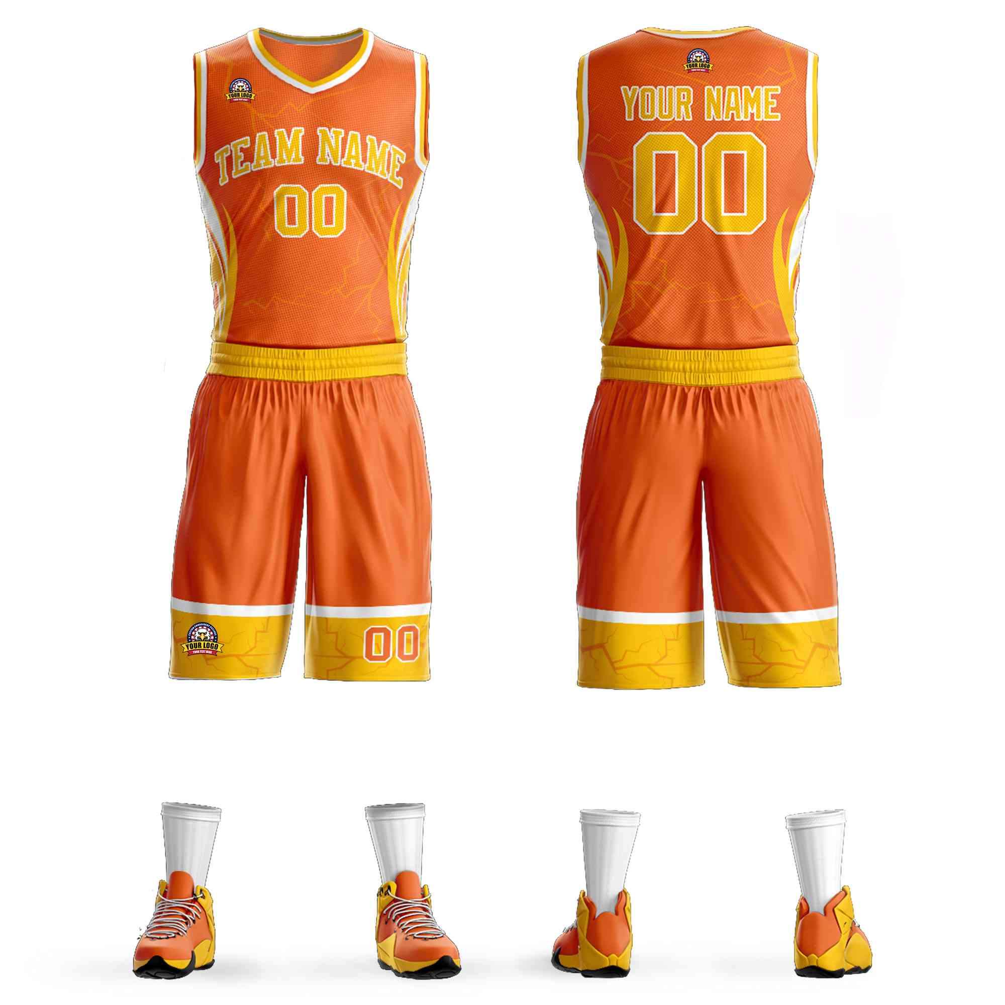 Custom Orange Gold-White Graffiti Pattern Kits Lightning Basketball Jersey