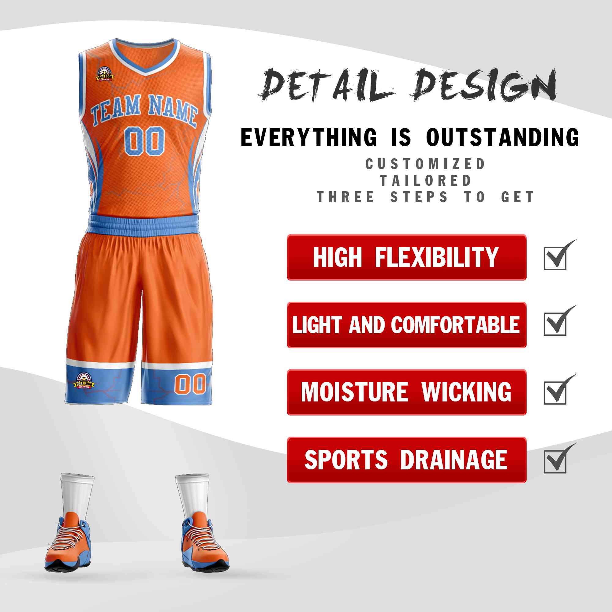Custom Orange Powder Blue-White Graffiti Pattern Kits Lightning Basketball Jersey