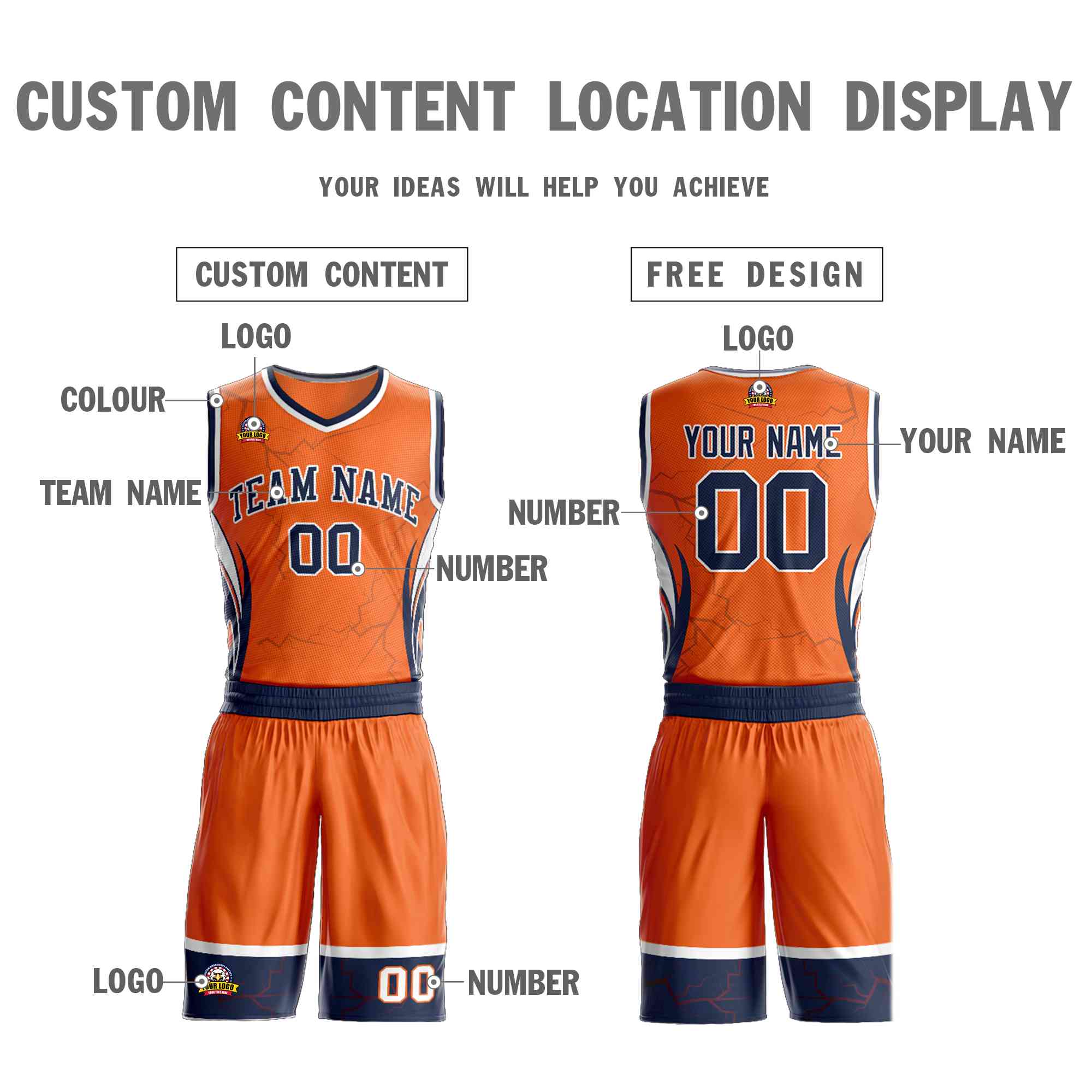 Custom Orange Navy-White Graffiti Pattern Kits Lightning Basketball Jersey