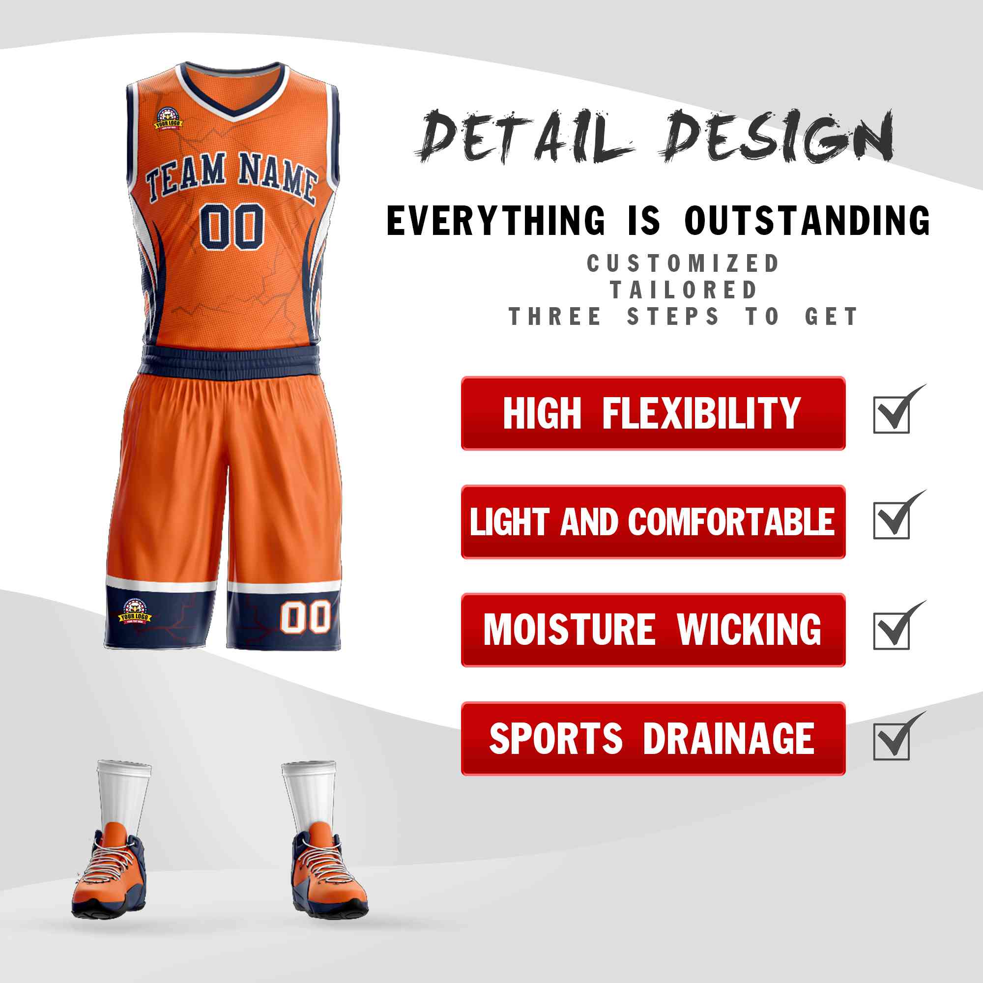 Custom Orange Navy-White Graffiti Pattern Kits Lightning Basketball Jersey