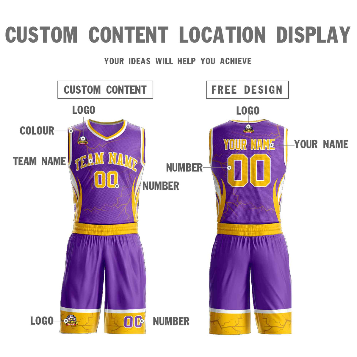 Custom Purple Gold-White Graffiti Pattern Kits Lightning Basketball Jersey