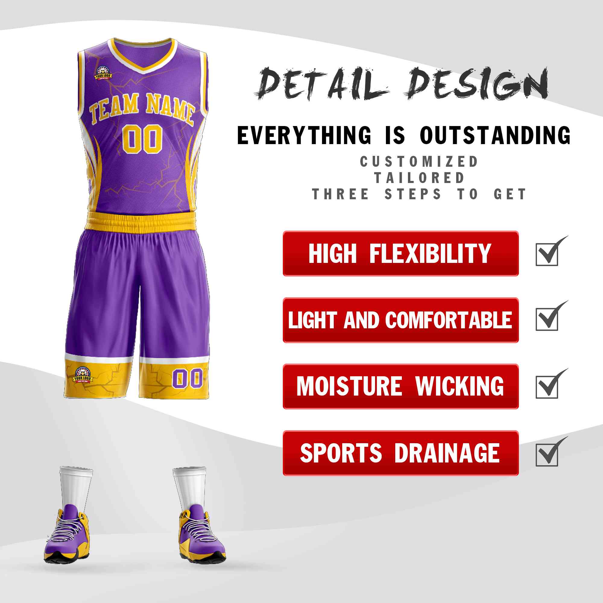 Custom Purple Gold-White Graffiti Pattern Kits Lightning Basketball Jersey