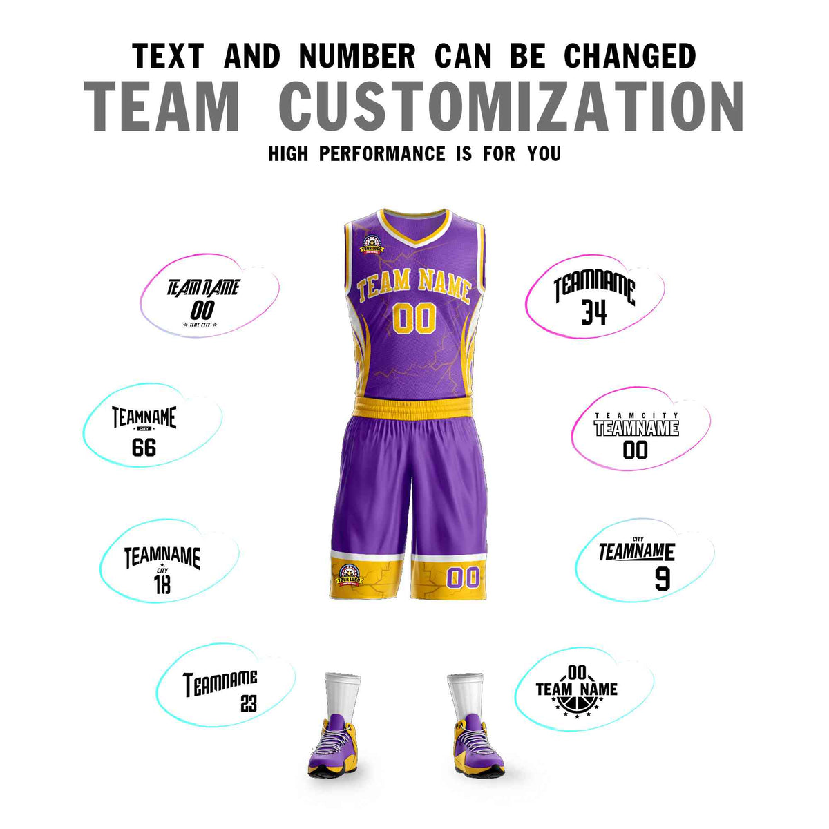 Custom Purple Gold-White Graffiti Pattern Kits Lightning Basketball Jersey