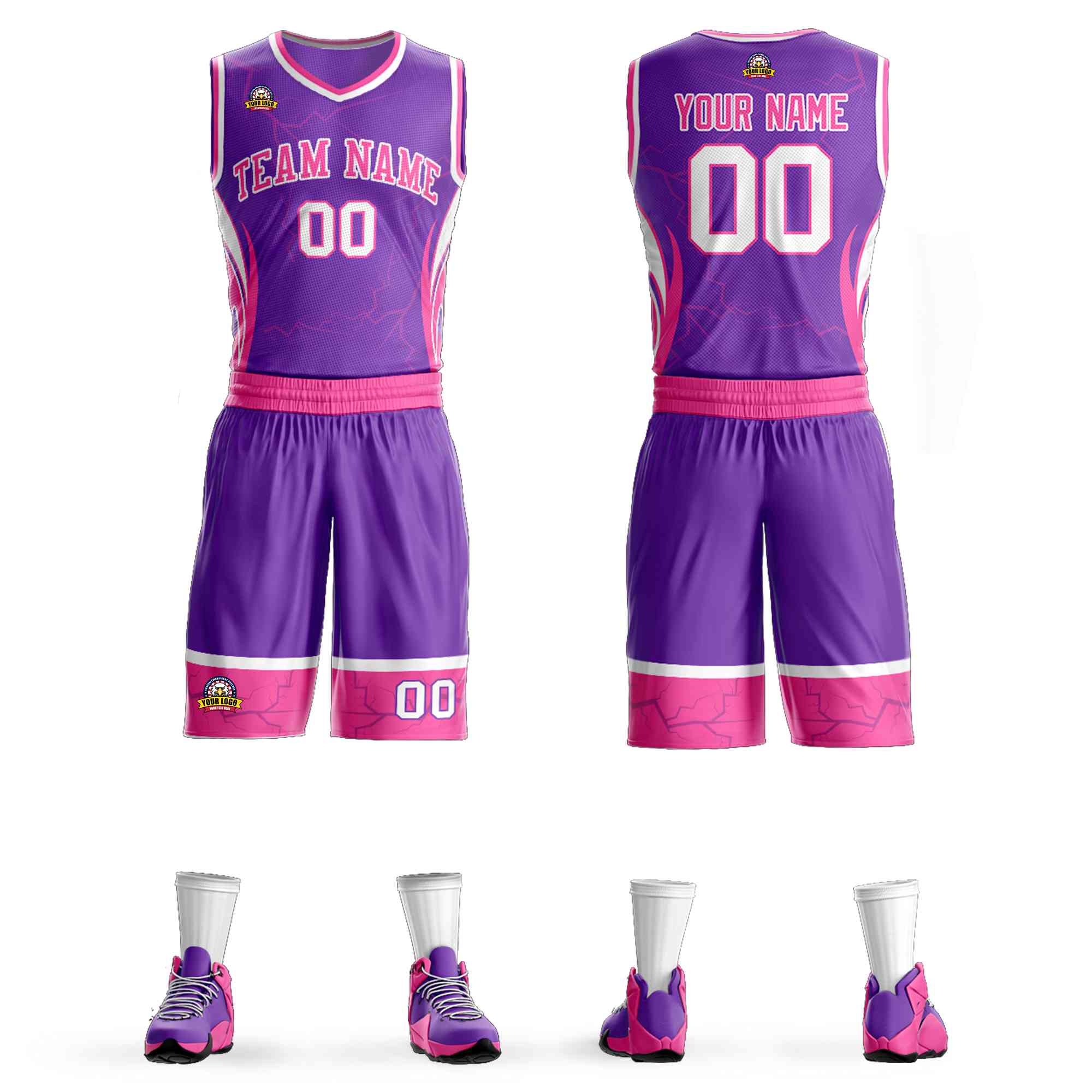 Custom Purple Pink-White Graffiti Pattern Kits Lightning Basketball Jersey