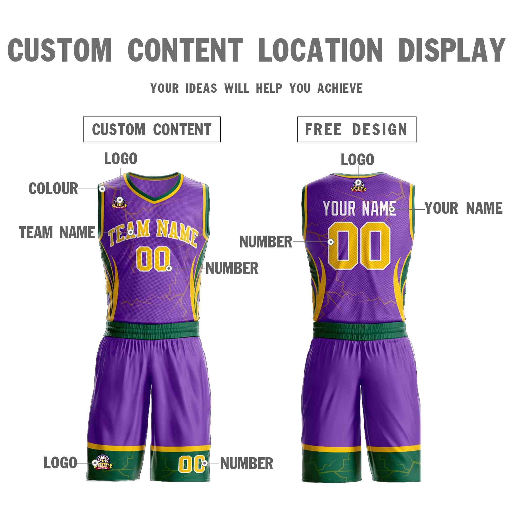 Custom Purple Gold-White Graffiti Pattern Kits Lightning Basketball Jersey