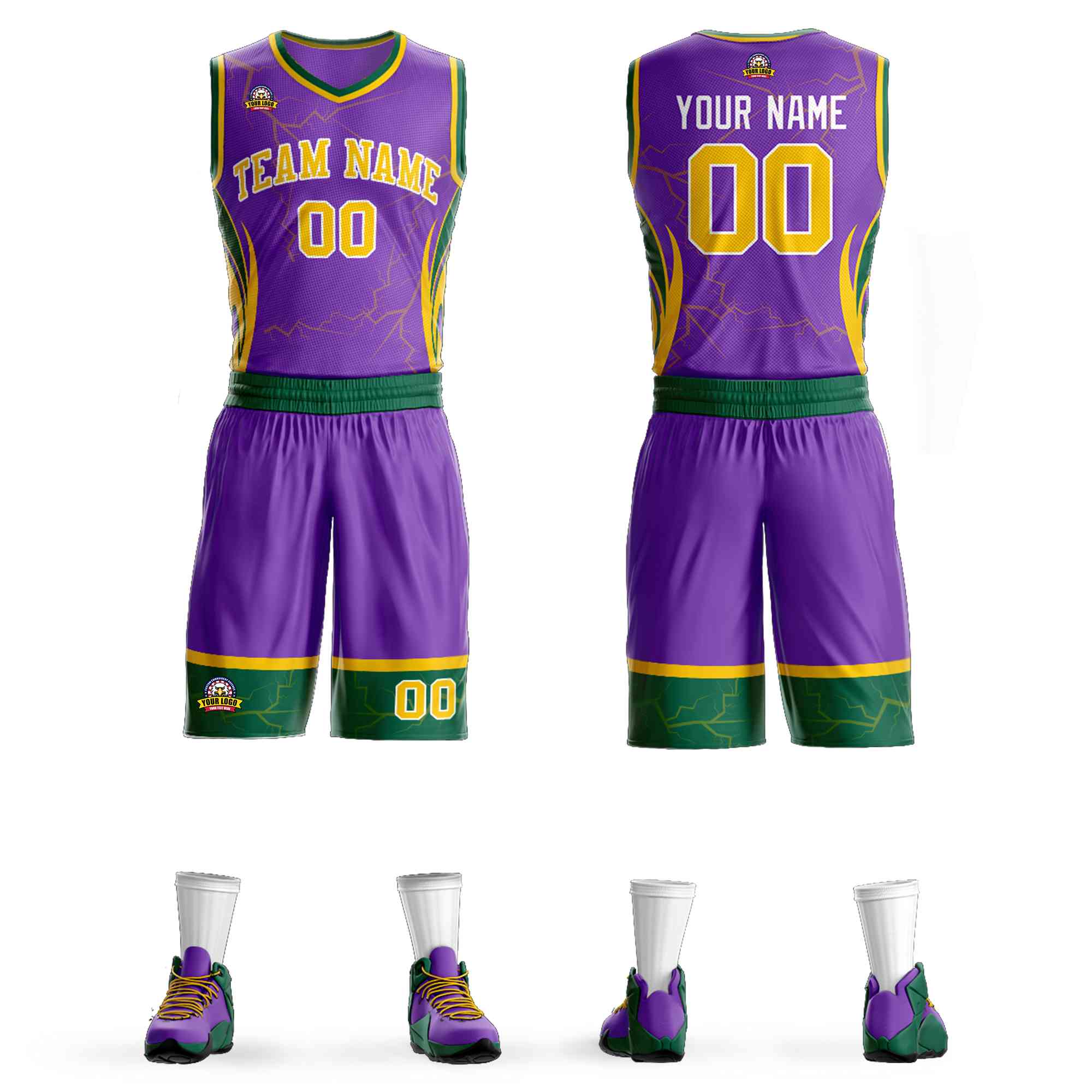 Custom Purple Gold-White Graffiti Pattern Kits Lightning Basketball Jersey