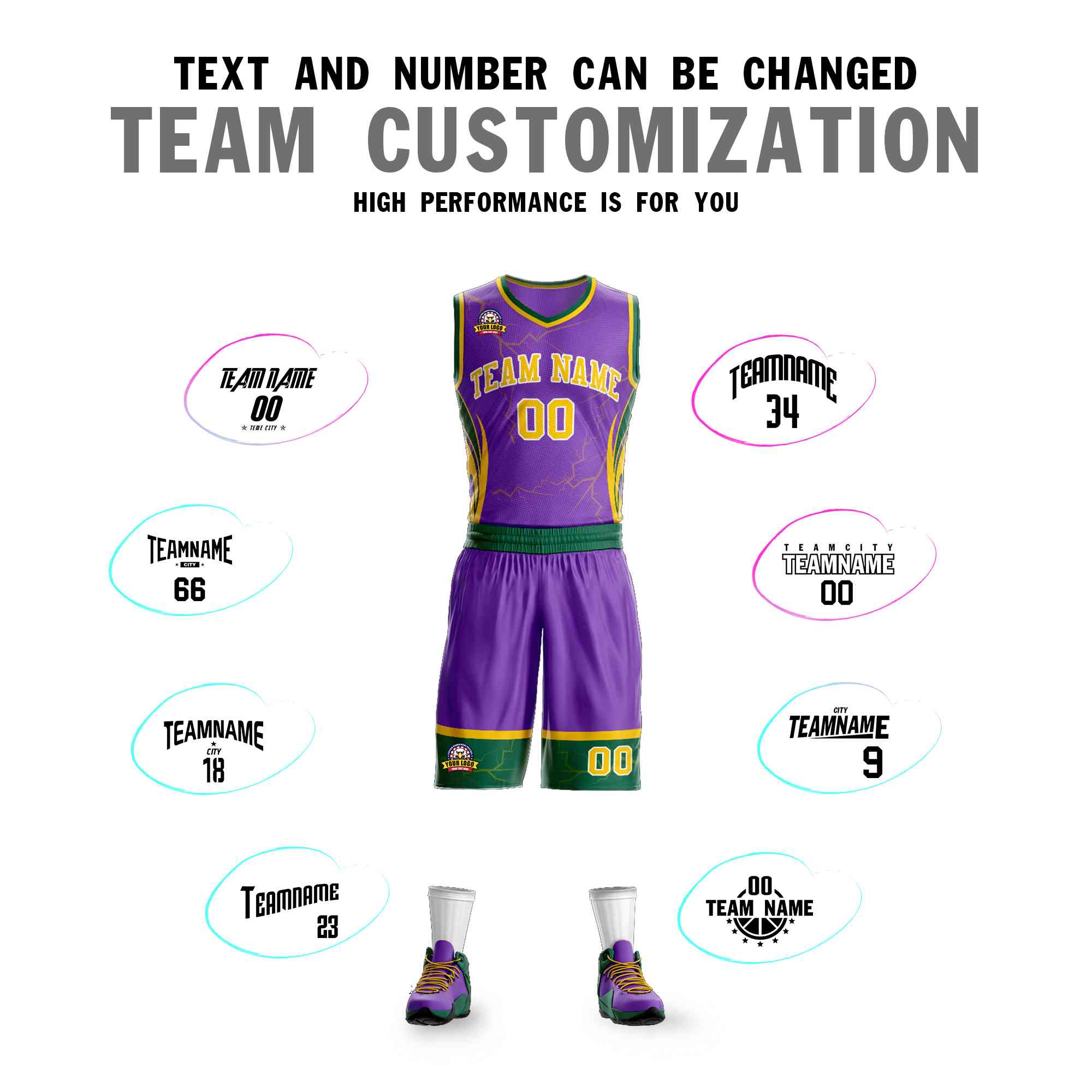 Custom Purple Gold-White Graffiti Pattern Kits Lightning Basketball Jersey