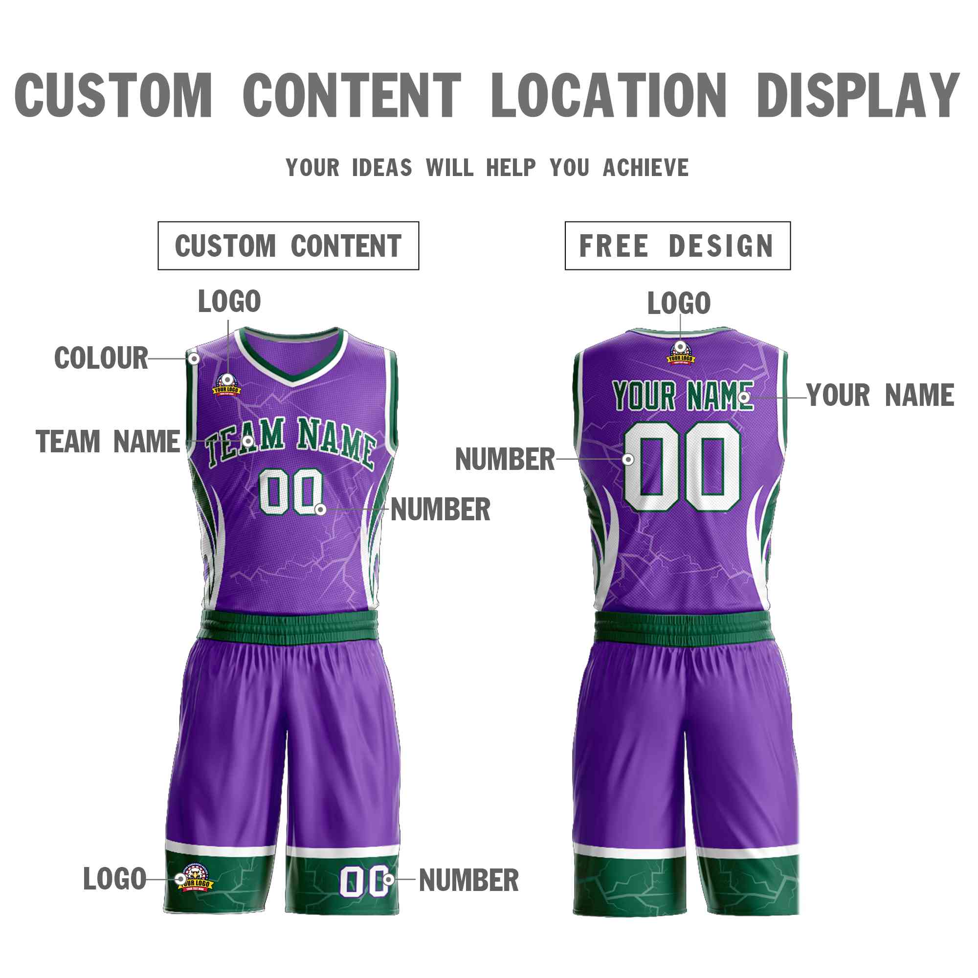 Custom Purple Green-White Graffiti Pattern Kits Lightning Basketball Jersey
