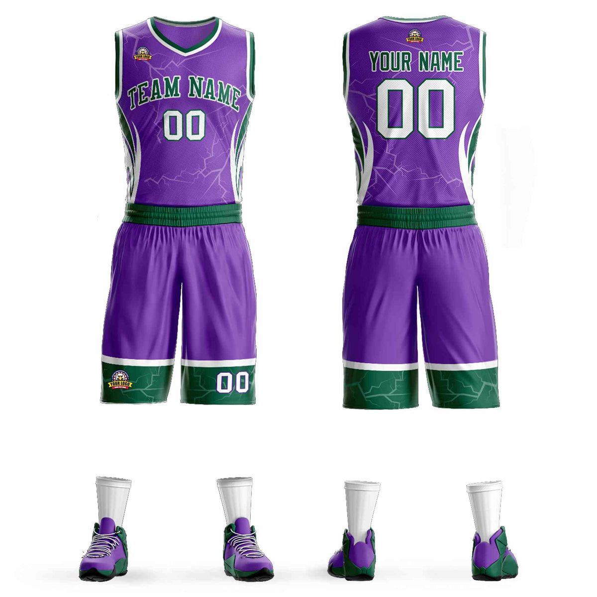 Custom Purple Green-White Graffiti Pattern Kits Lightning Basketball Jersey