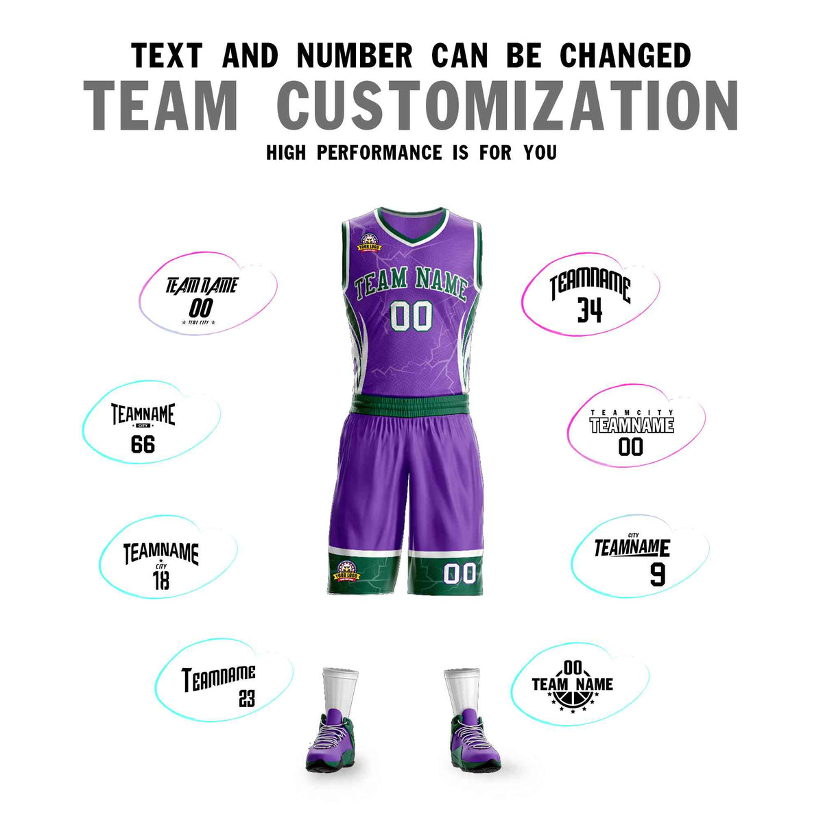 Custom Purple Green-White Graffiti Pattern Kits Lightning Basketball Jersey