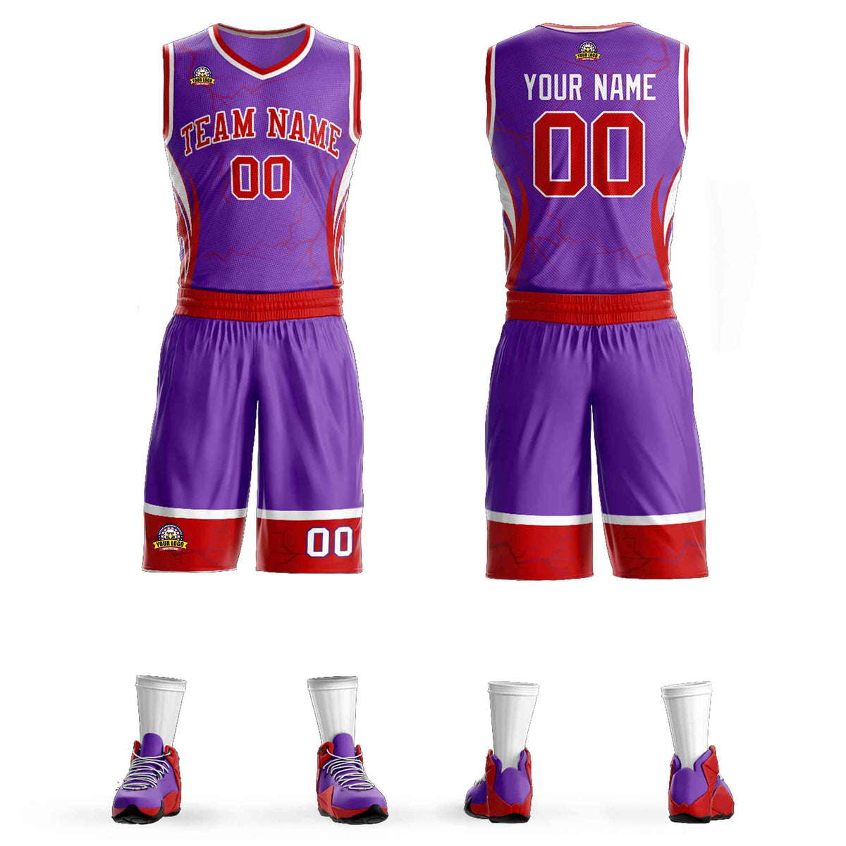 Custom Purple Red-White Graffiti Pattern Kits Lightning Basketball Jersey