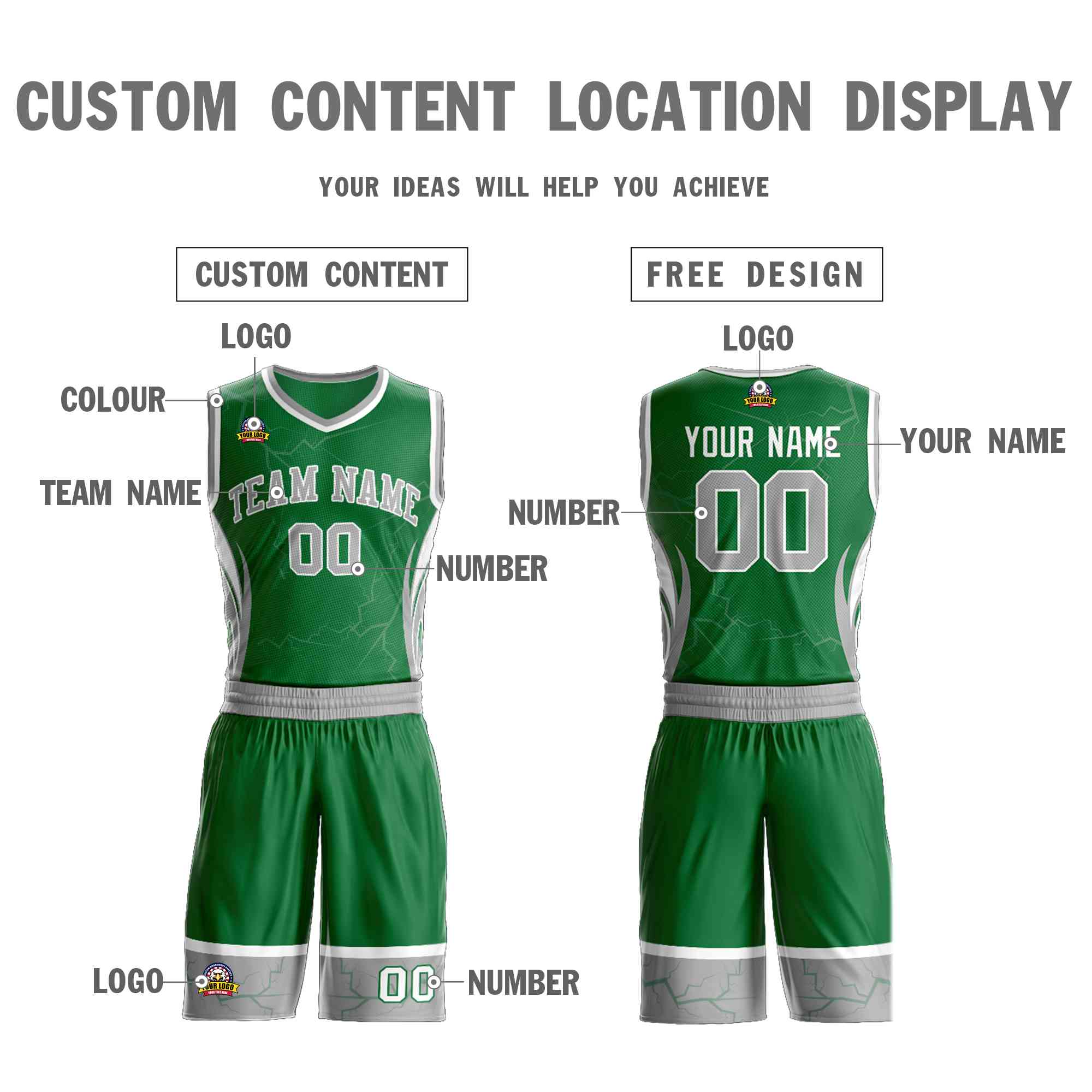 Custom Kelly Green Gray-White Graffiti Pattern Kits Lightning Basketball Jersey