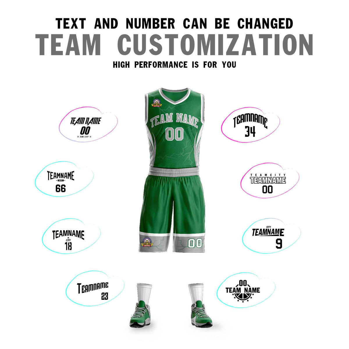 Custom Kelly Green Gray-White Graffiti Pattern Kits Lightning Basketball Jersey