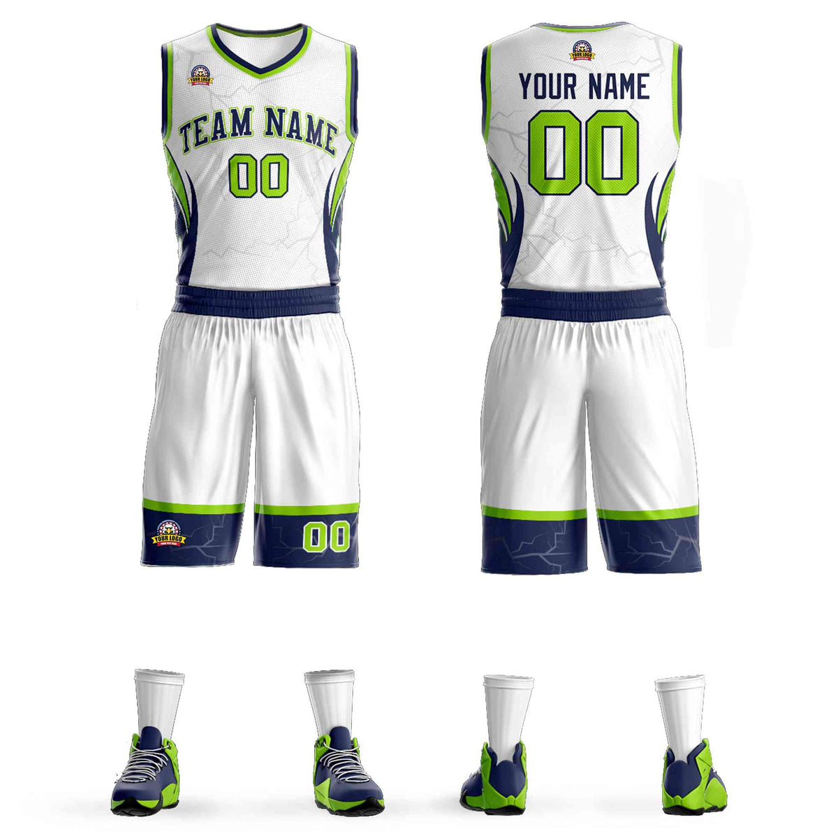 Custom White Navy-White Graffiti Pattern Kits Lightning Basketball Jersey