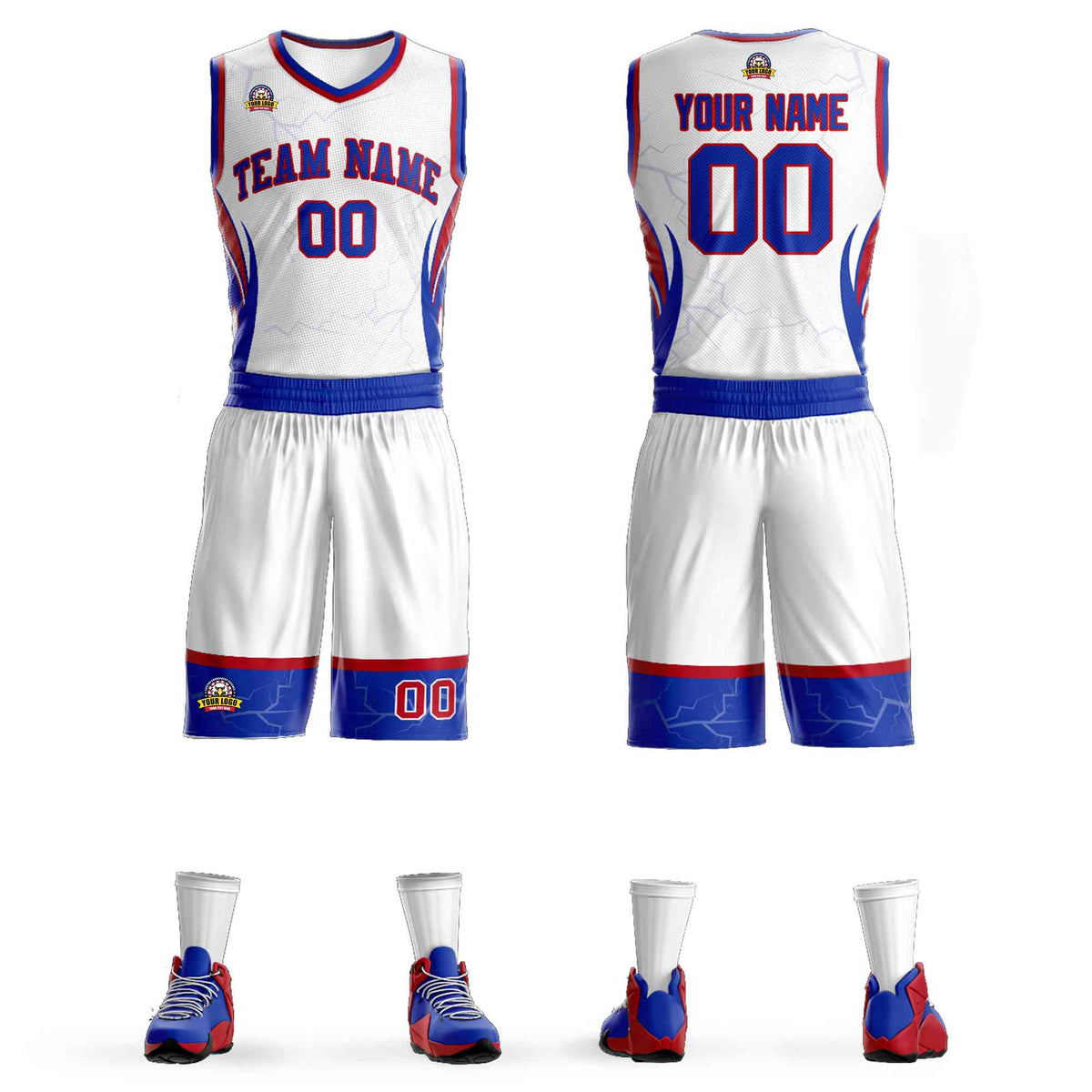 Custom White Royal-Red Graffiti Pattern Kits Lightning Basketball Jersey