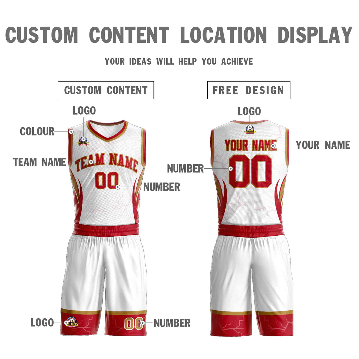 Custom White Red-Old Gold Graffiti Pattern Kits Lightning Basketball Jersey