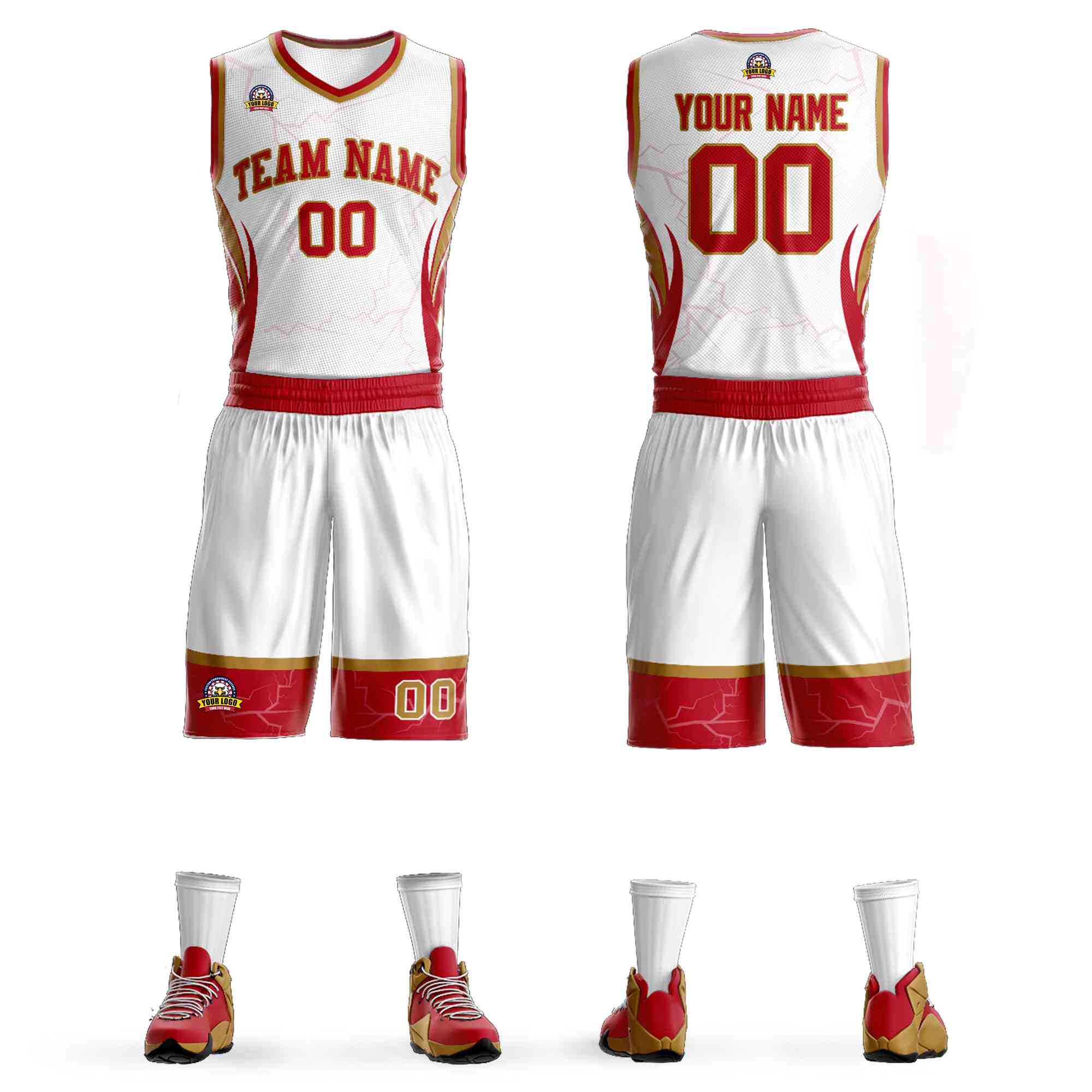 Custom White Red-Old Gold Graffiti Pattern Kits Lightning Basketball Jersey