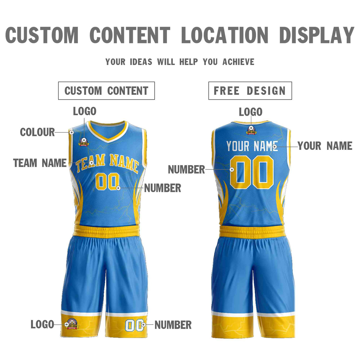 Custom Powder Blue Gold-White Graffiti Pattern Kits Lightning Basketball Jersey