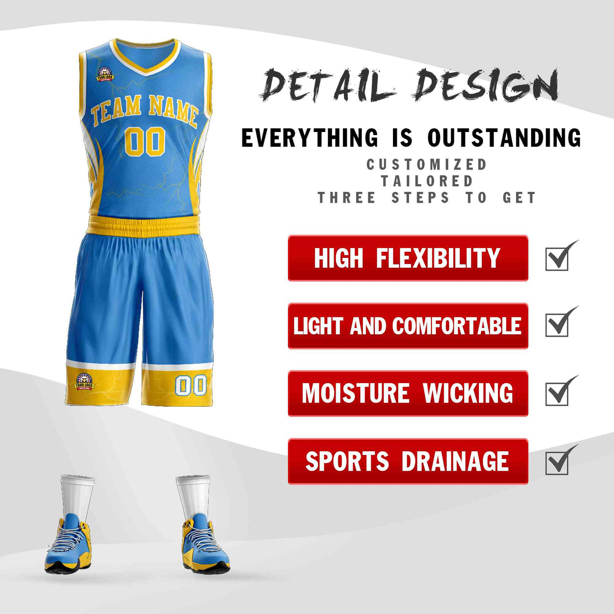 Custom Powder Blue Gold-White Graffiti Pattern Kits Lightning Basketball Jersey
