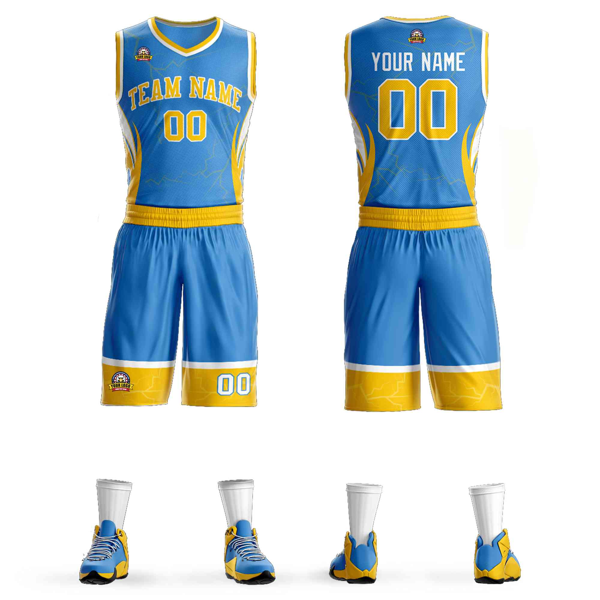 Custom Powder Blue Gold-White Graffiti Pattern Kits Lightning Basketball Jersey