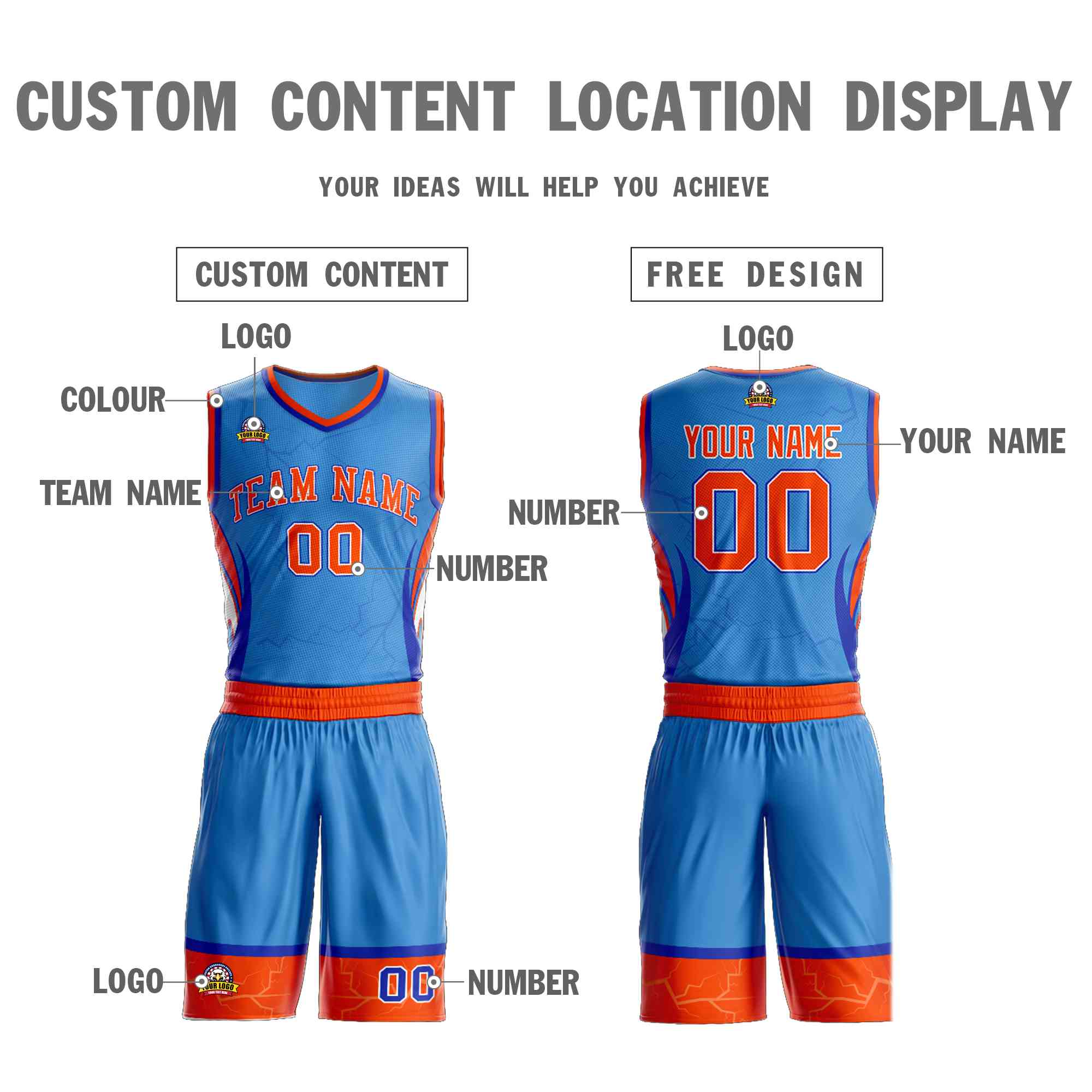 Custom Powder Blue Orange-White Graffiti Pattern Kits Lightning Basketball Jersey