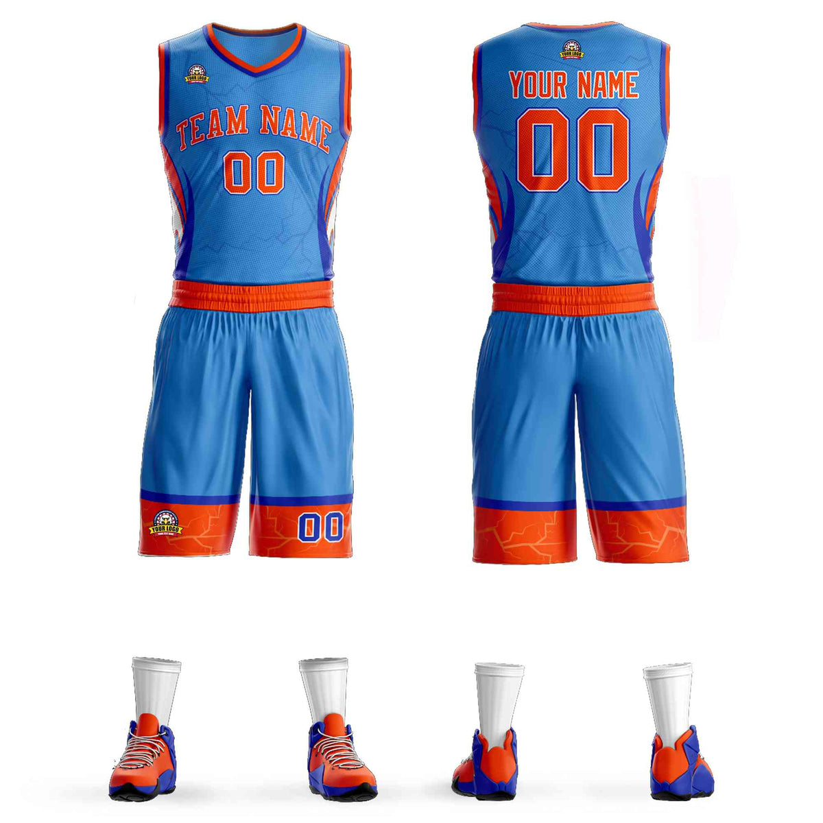 Custom Powder Blue Orange-White Graffiti Pattern Kits Lightning Basketball Jersey