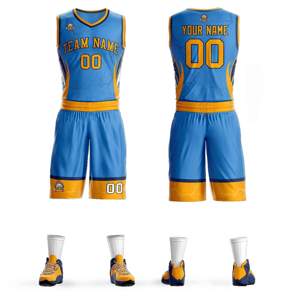 Custom Powder Blue Gold-Navy Graffiti Pattern Kits Lightning Basketball Jersey