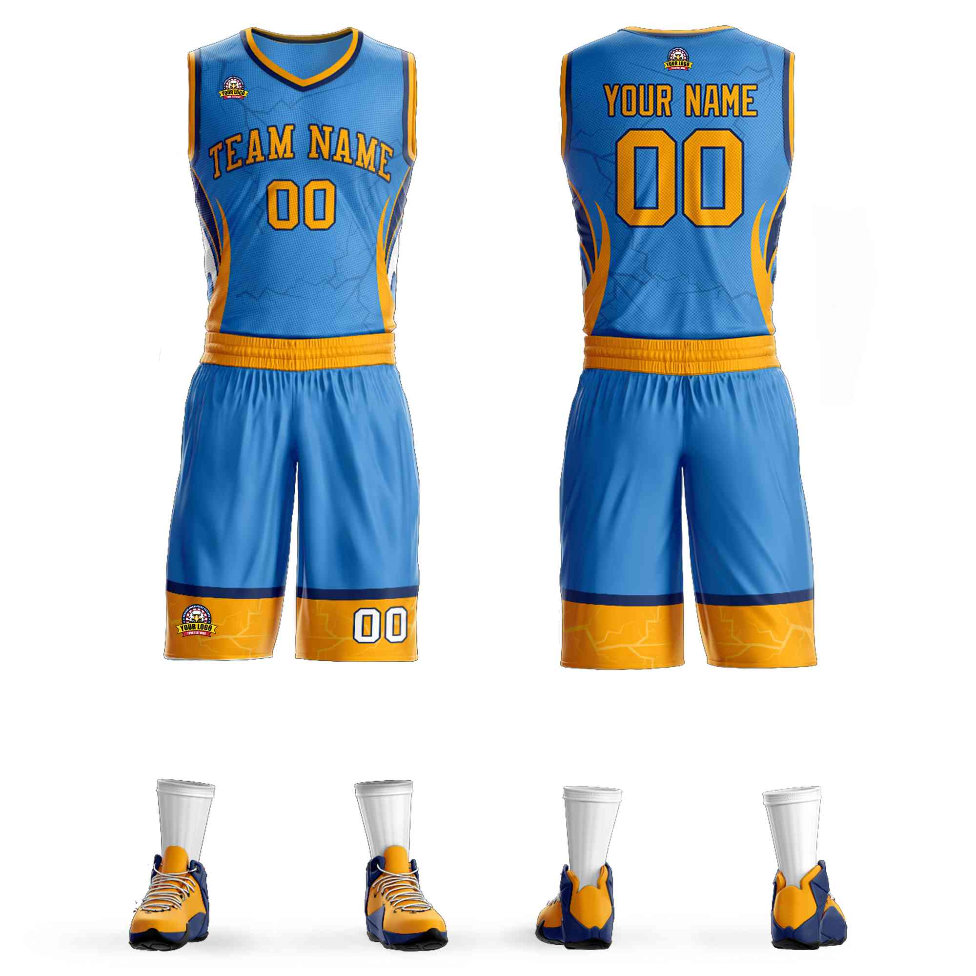 Custom Powder Blue Gold-Navy Graffiti Pattern Kits Lightning Basketball Jersey