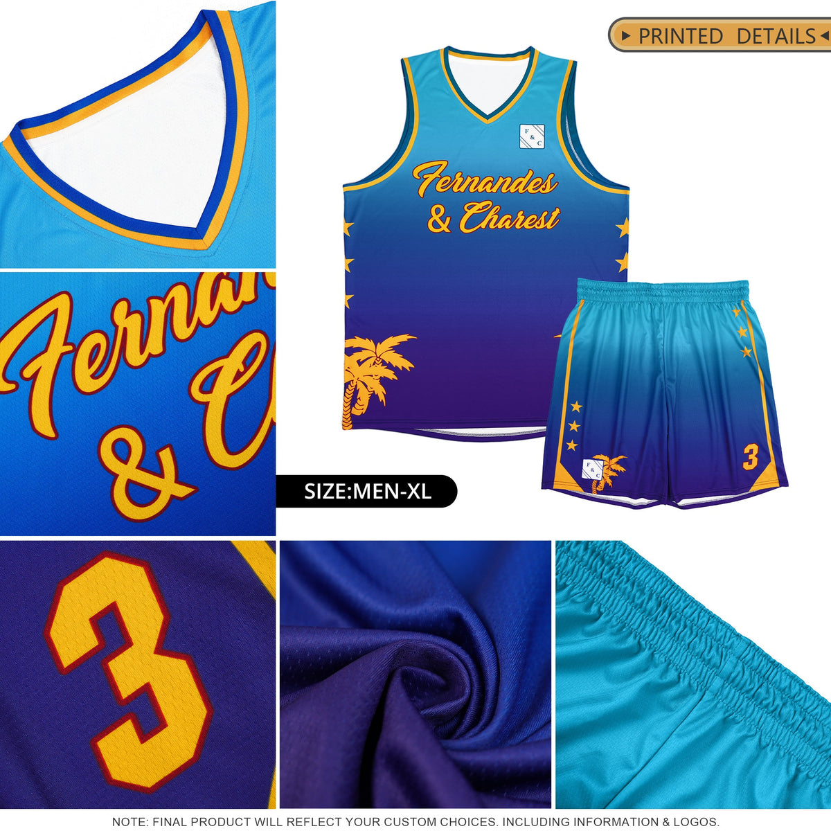 Maillot de basket-ball personnalisé à motif cocotier dégradé bleu royal-violet