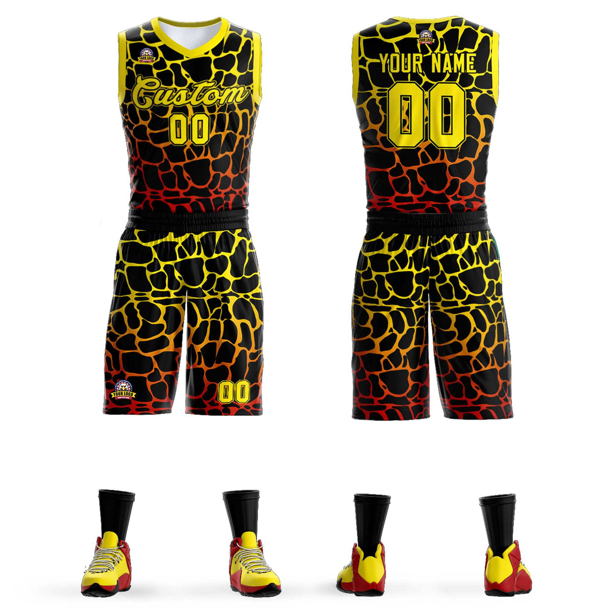 Maillot de basket-ball personnalisé à motif graffiti tacheté noir, or et rouge