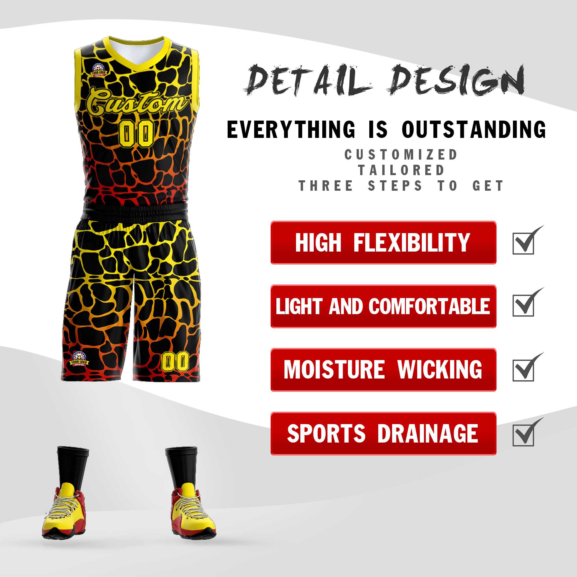Maillot de basket-ball personnalisé à motif graffiti tacheté noir, or et rouge