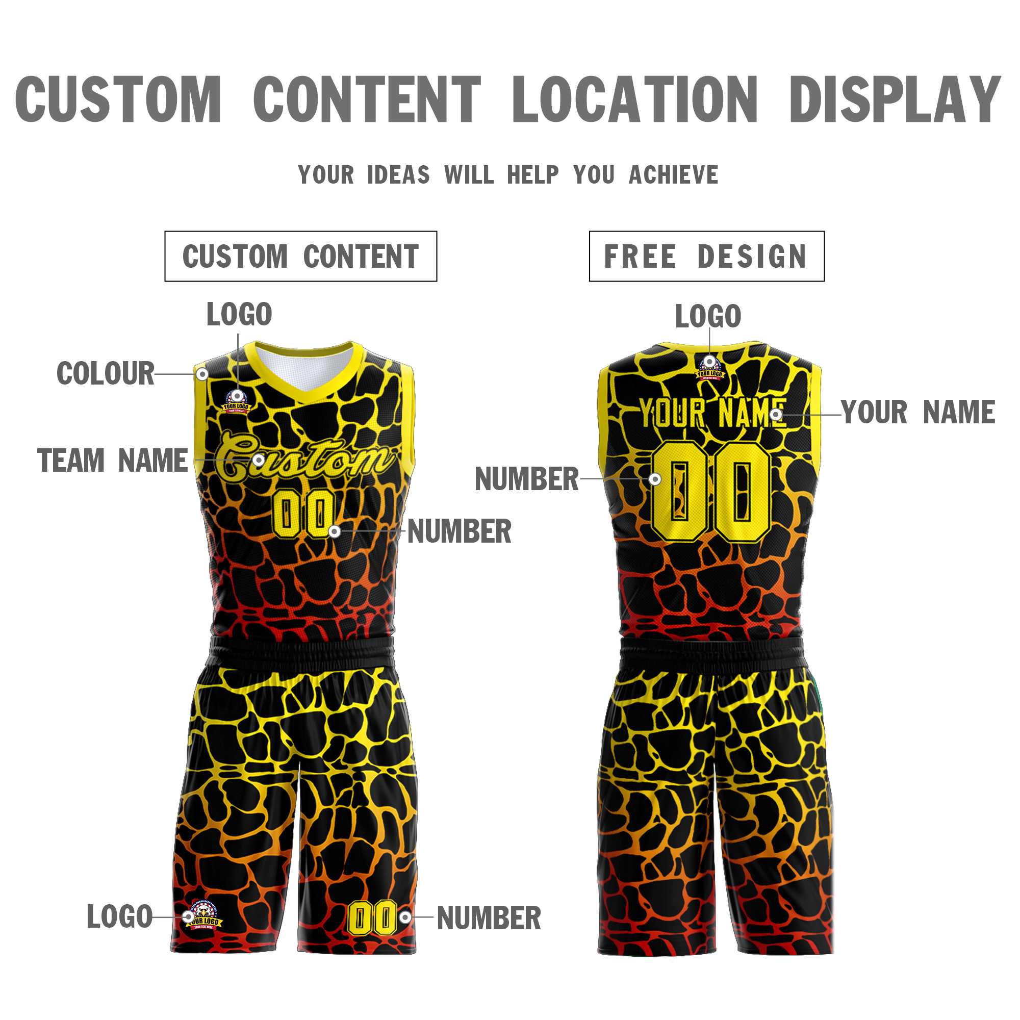 Maillot de basket-ball personnalisé à motif graffiti tacheté noir, or et rouge