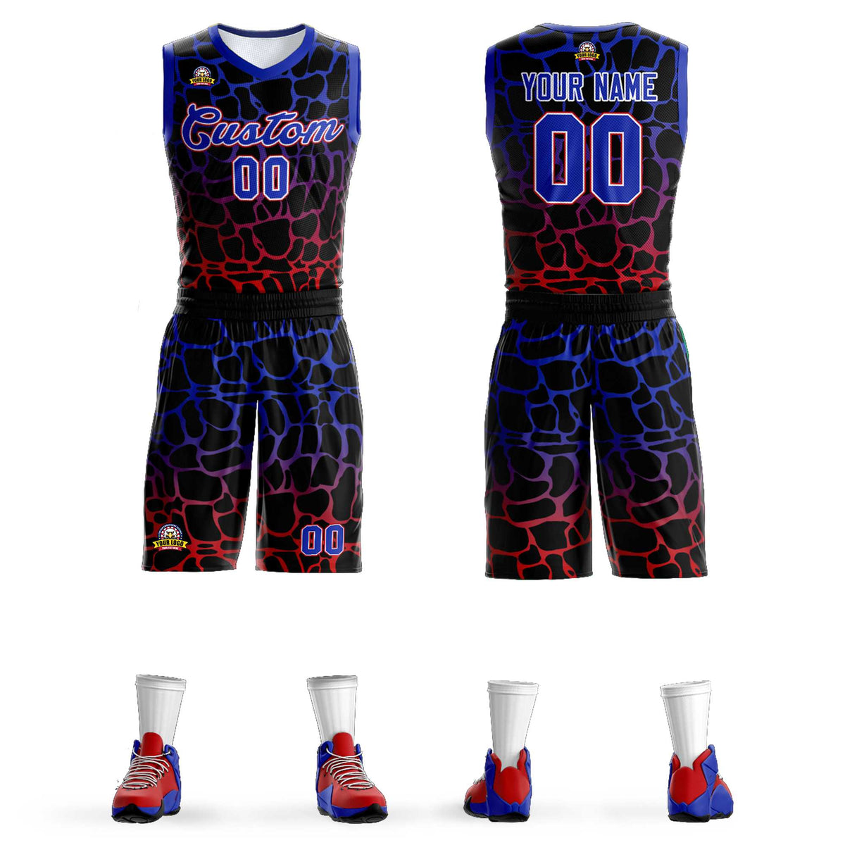 Maillot de basket-ball personnalisé à motif graffiti tacheté noir royal-rouge
