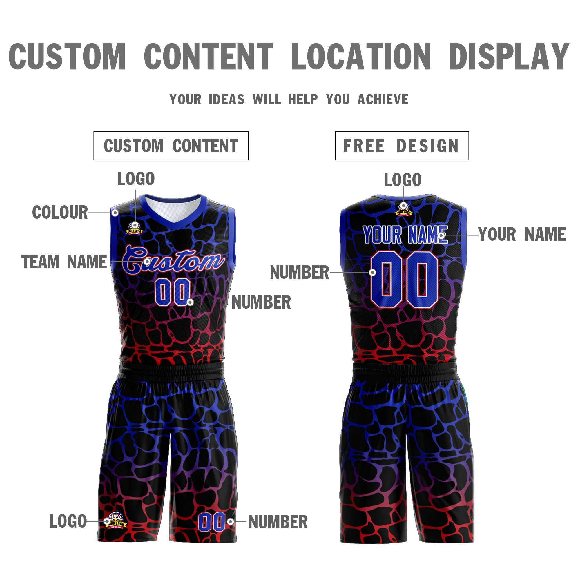 Benutzerdefinierte schwarz Royal-rot gefleckte Graffiti Muster Sport Uniform Basketball Jersey