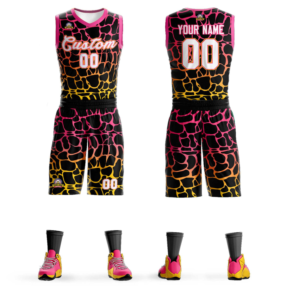 Maillot de basket-ball personnalisé à motif graffiti tacheté noir rose-jaune
