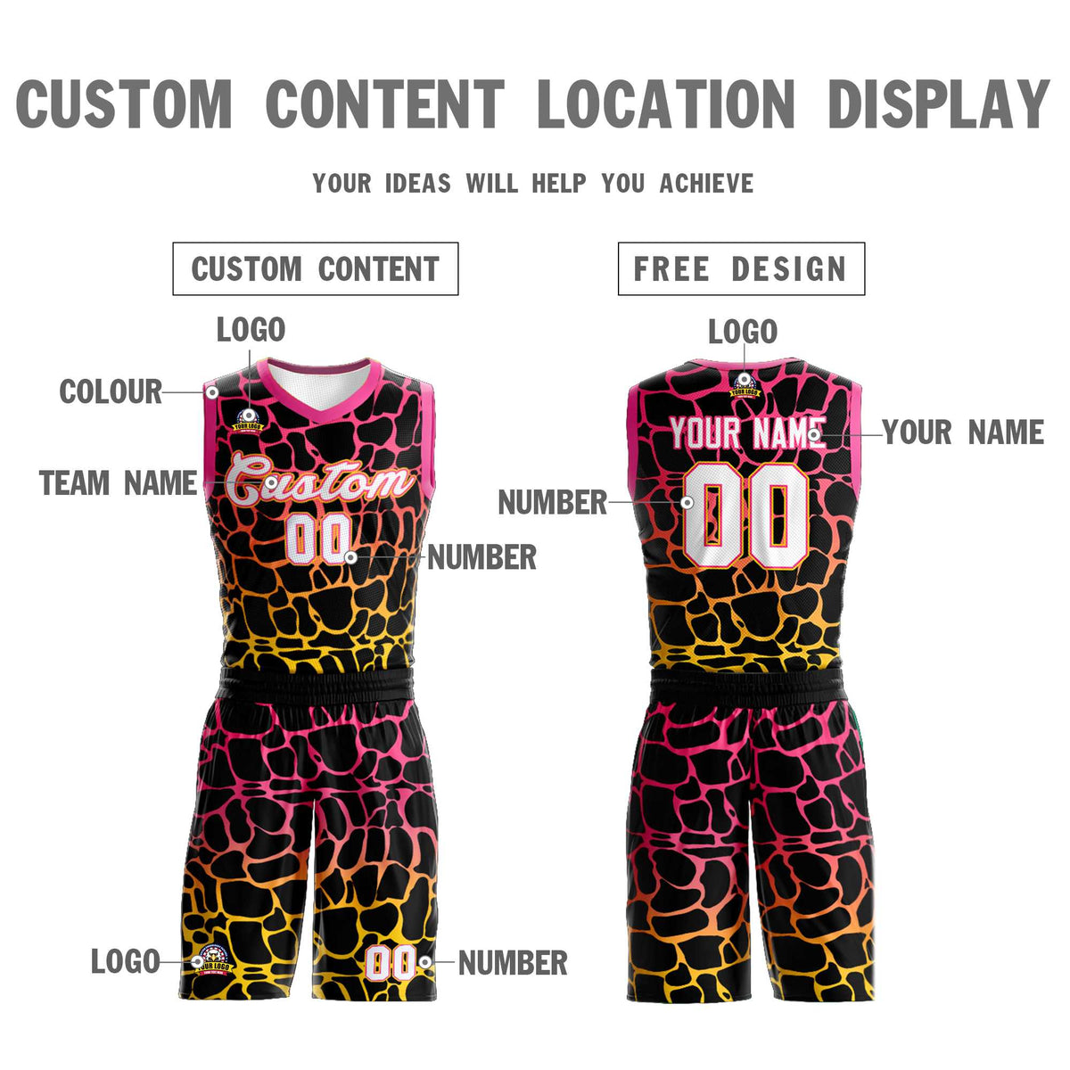 Maillot de basket-ball personnalisé à motif graffiti tacheté noir rose-jaune
