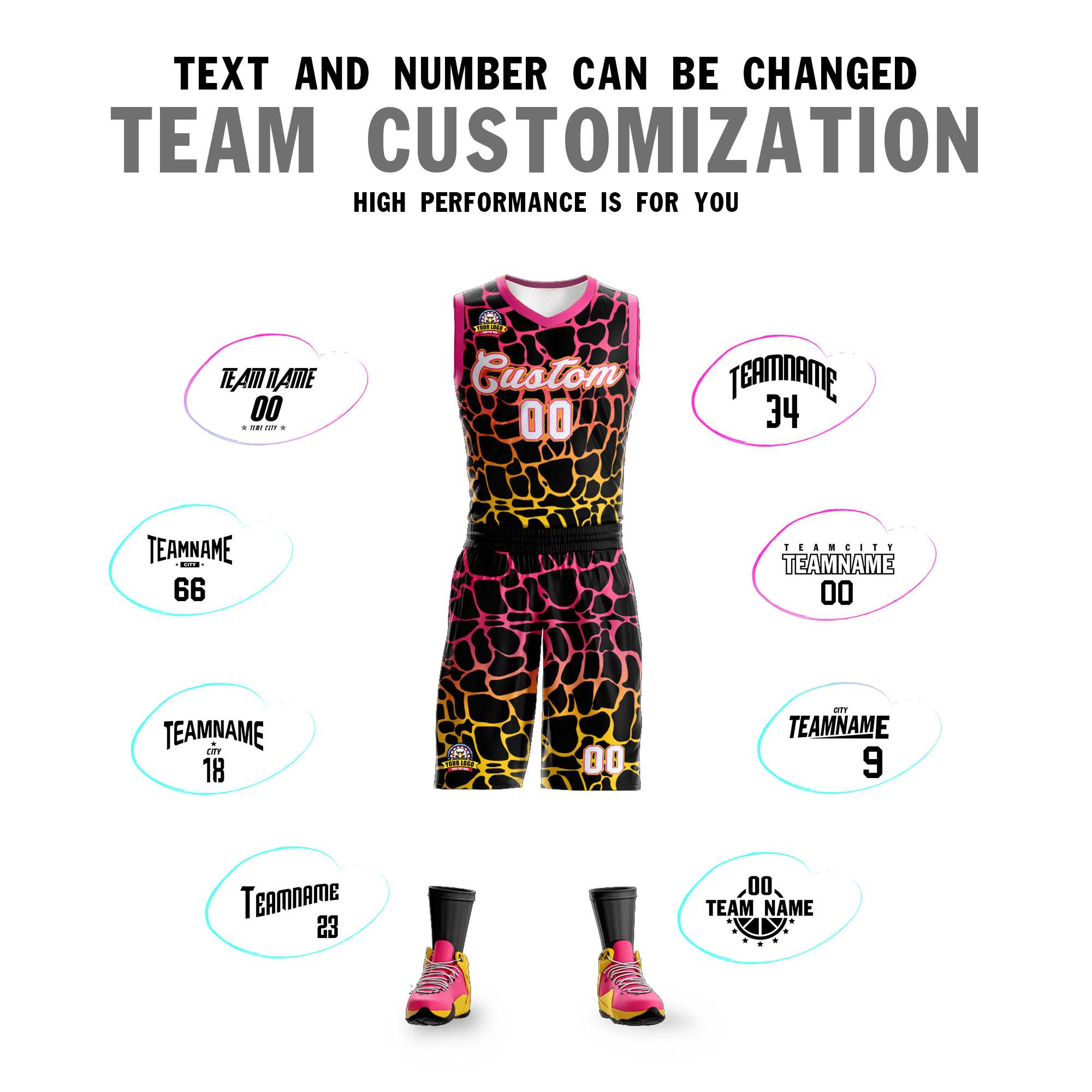 Benutzerdefinierte schwarz rosa-gelb gefleckt Graffiti Muster Sport Uniform Basketball Jersey