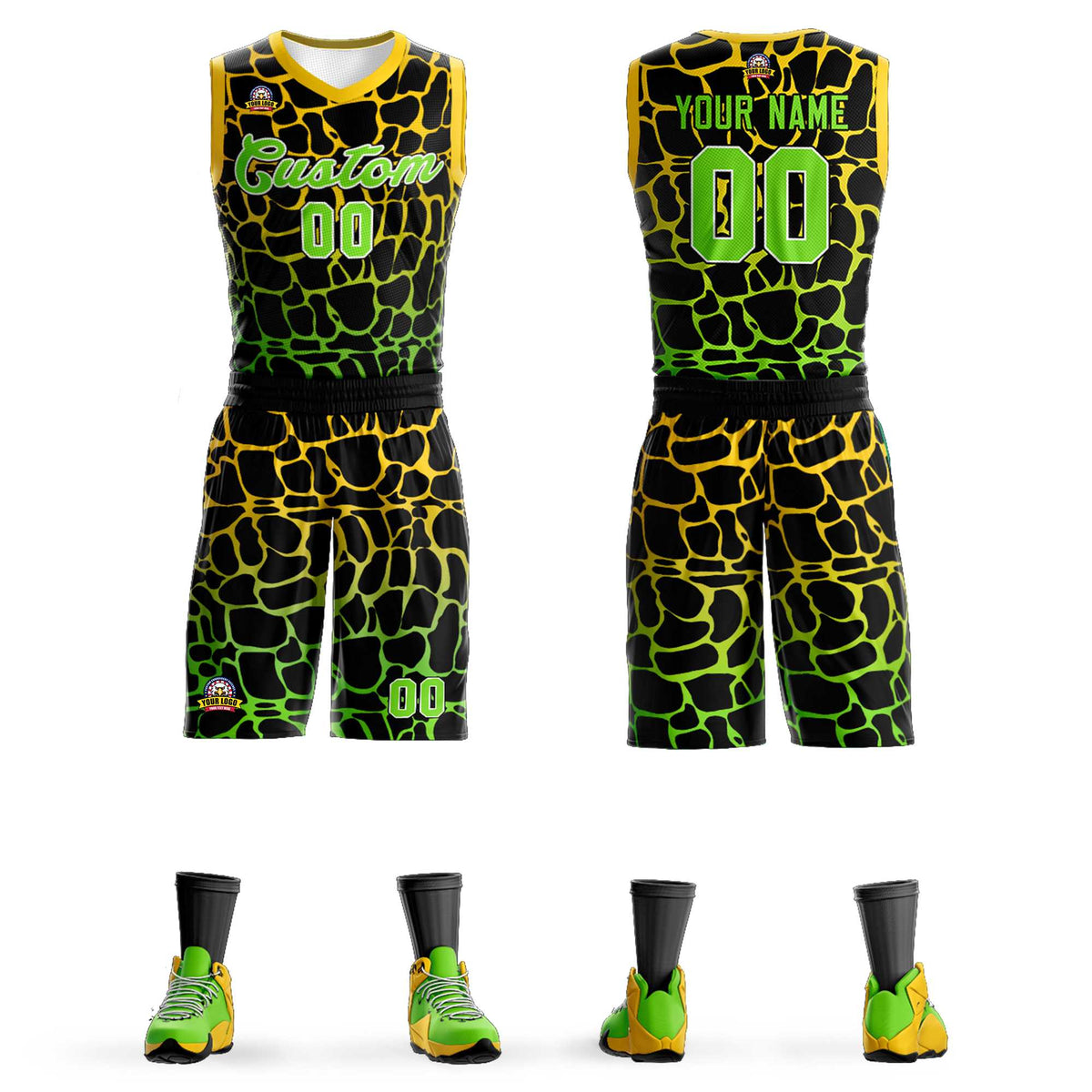 Maillot de basket-ball personnalisé à motif graffiti tacheté noir, or et vert fluo